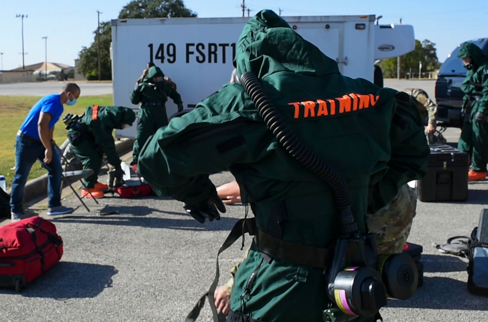 The 149th Fighter Wing fatality search and rescue team holds a training on using the MT94 CBRNE (Chemical, Biological, Radiological, Nuclear, and high yield Explosives) suit Nov. 15 at Joint Base San Antonio-Lackland. These FSRT members were training on how to move into a contaminated area and recover remains after a chemical disaster.