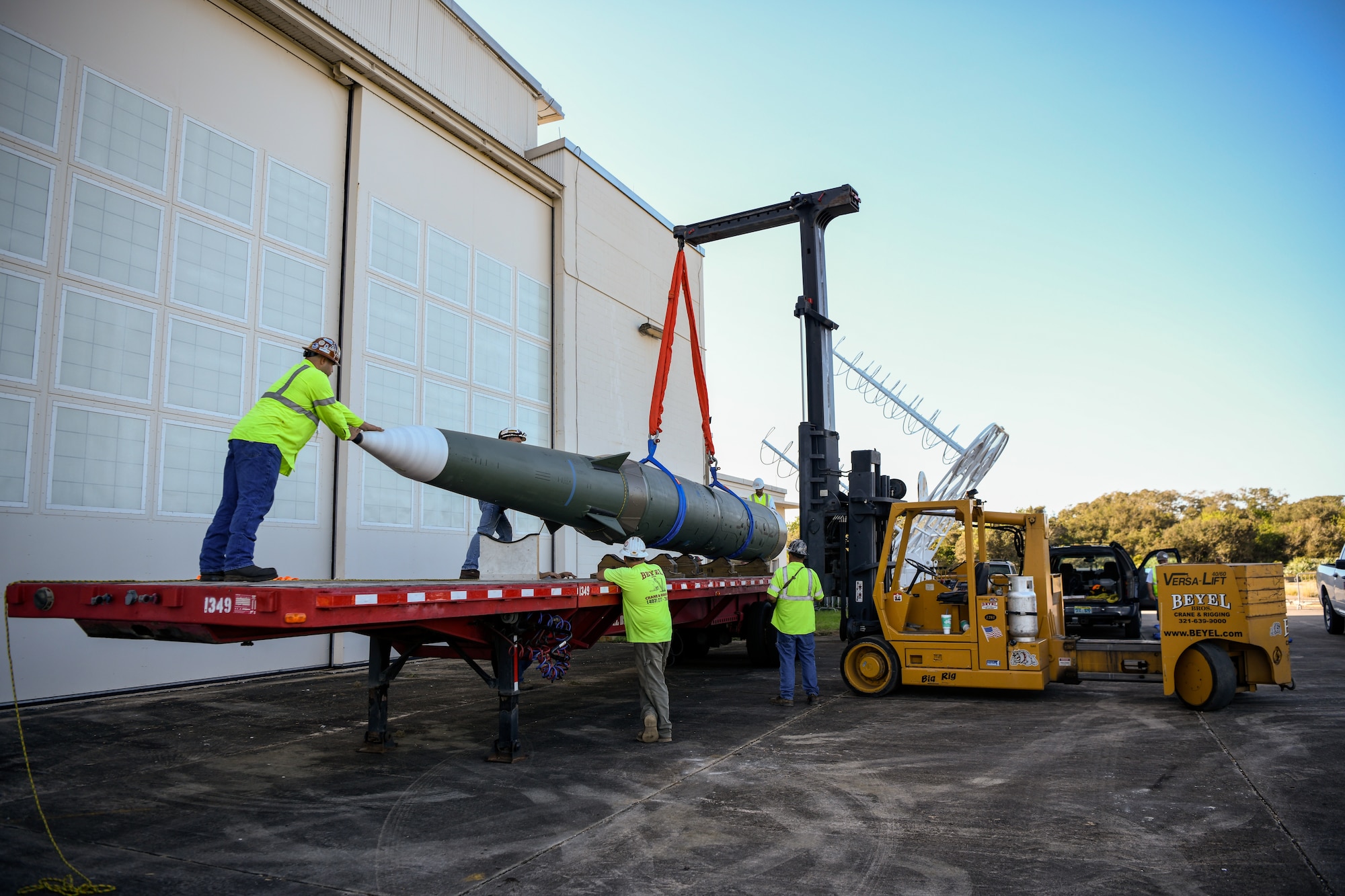 The Pershing II, a mobile intermediate-range ballistic missile, is prepared for transportation into Hanger C on Cape Canaveral Air Force Station, Florida, Oct. 29, 2020. Under the terms of the 1987 Intermediate-Range Nuclear Forces Treaty between the United States and the Soviet Union, all Pershing IIs and their support equipment were removed from the inventory and rendered inoperable. (U.S. Space Force Photo By Airman Thomas Sjoberg)