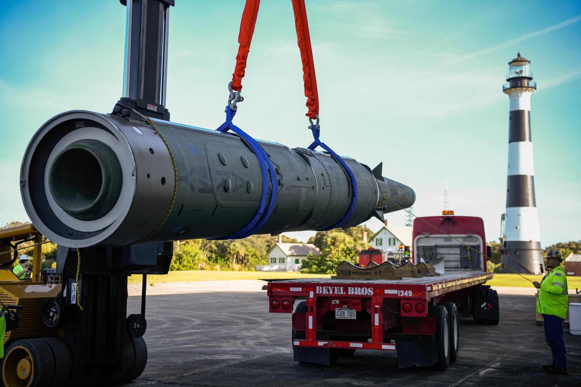 The Pershing II, a mobile intermediate-range ballistic missile, is transported into Hanger C on Cape Canaveral Air Force Station, Florida, Oct. 29, 2020. Under the terms of the 1987 Intermediate-Range Nuclear Forces Treaty between the United States and the Soviet Union, all Pershing IIs and their support equipment were removed from the inventory and rendered inoperable. (U.S. Space Force Photo By Airman Thomas Sjoberg)