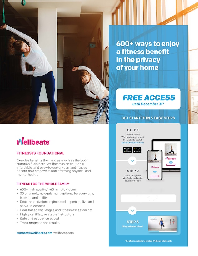 Image of flyer showing what Wellbeats offers in online fitness.