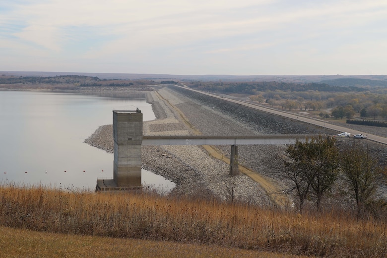 A lake side view of the Tuttle Creek dam at Tuttle Creek Lake near Manhattan, Kan., October 31, 2020.