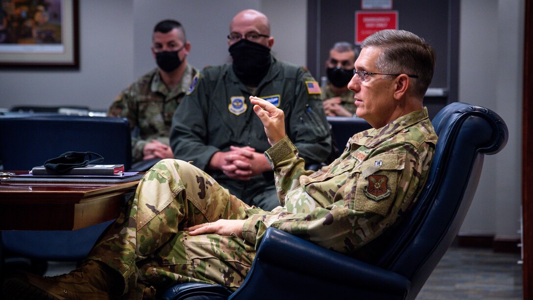 Gen. Timothy Ray, Air Force Global Strike Command commander, speaks to the students of the School of Advanced Nuclear Deterrence Studies (SANDS) program about the importance of strategic leaders in the Air Force nuclear mission at Barksdale Air Force Base, La., Nov. 17, 2020.