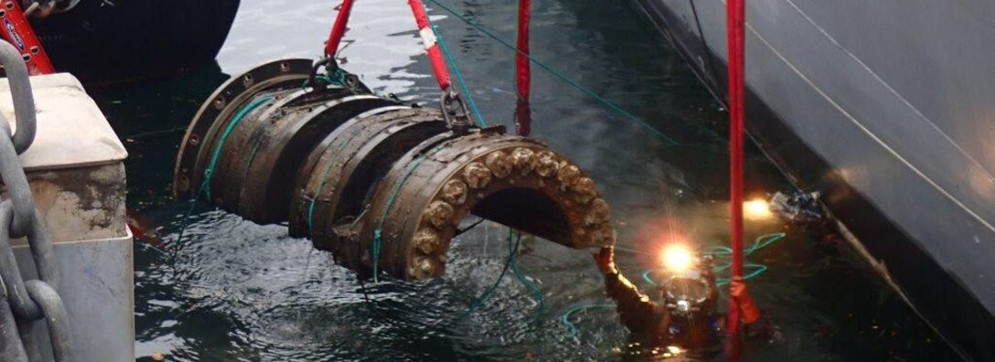 Bearing shell being pulled from water.