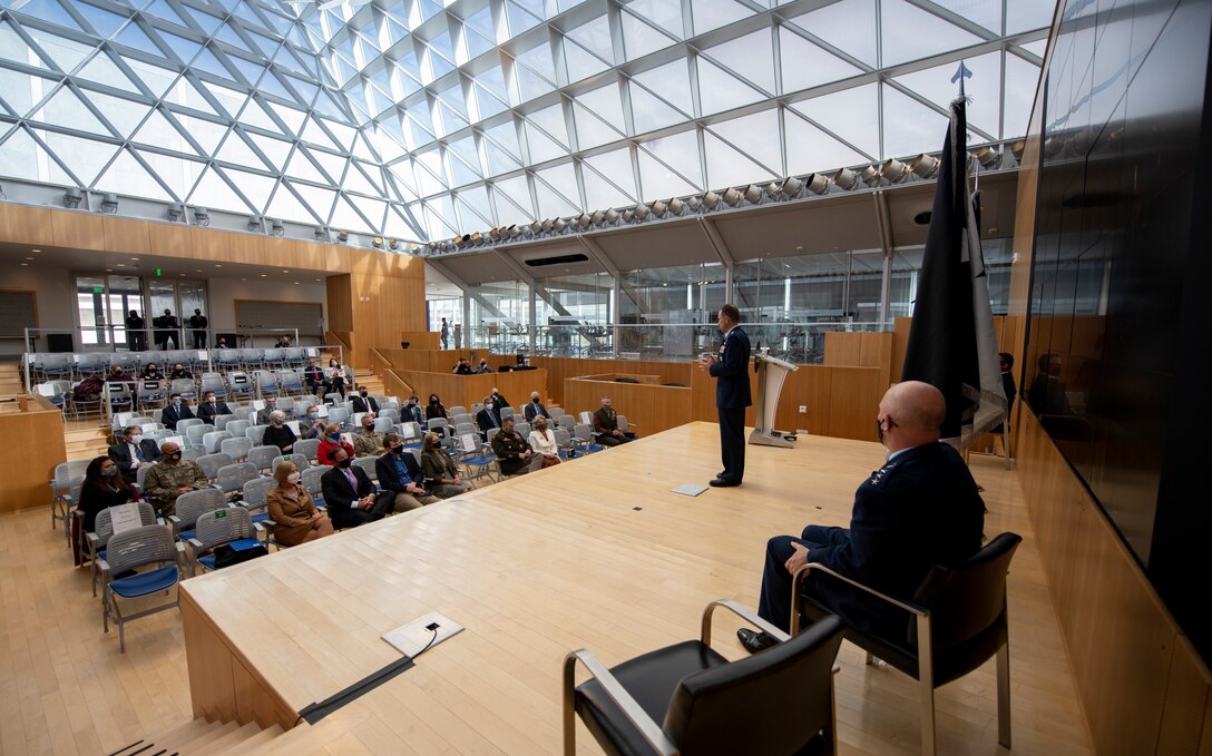 U.S. Space Force Lt. Gen. John Shaw speaks during his promotion and transfer ceremony Nov. 23, 2020, at the U.S. Air Force Academy in Colorado Springs, Colo.