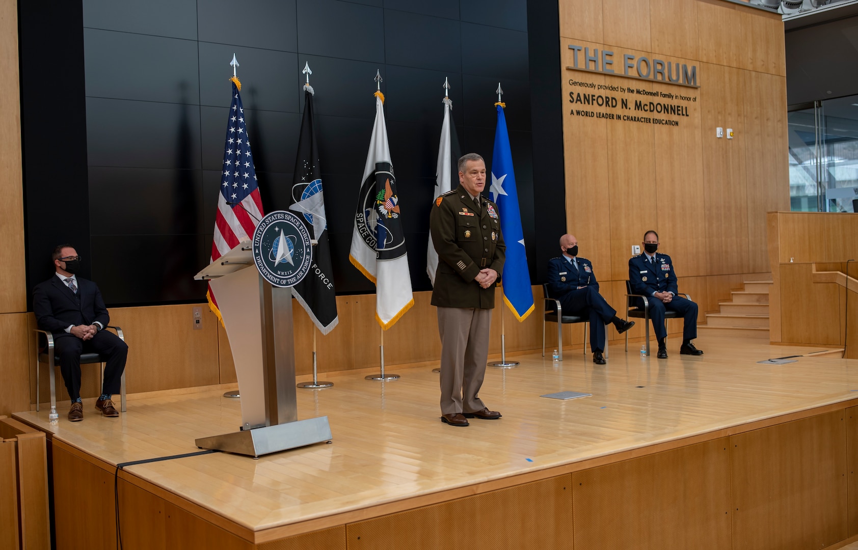 U.S. Army Gen. James Dickinson, U.S. Space Command commander, talks about Lt. Gen. John Shaw's contributions to USSPACECOM during Shaw's promotion and transfer ceremony Nov. 23, 2020, at the U.S. Air Force Academy in Colorado Springs, Colo.