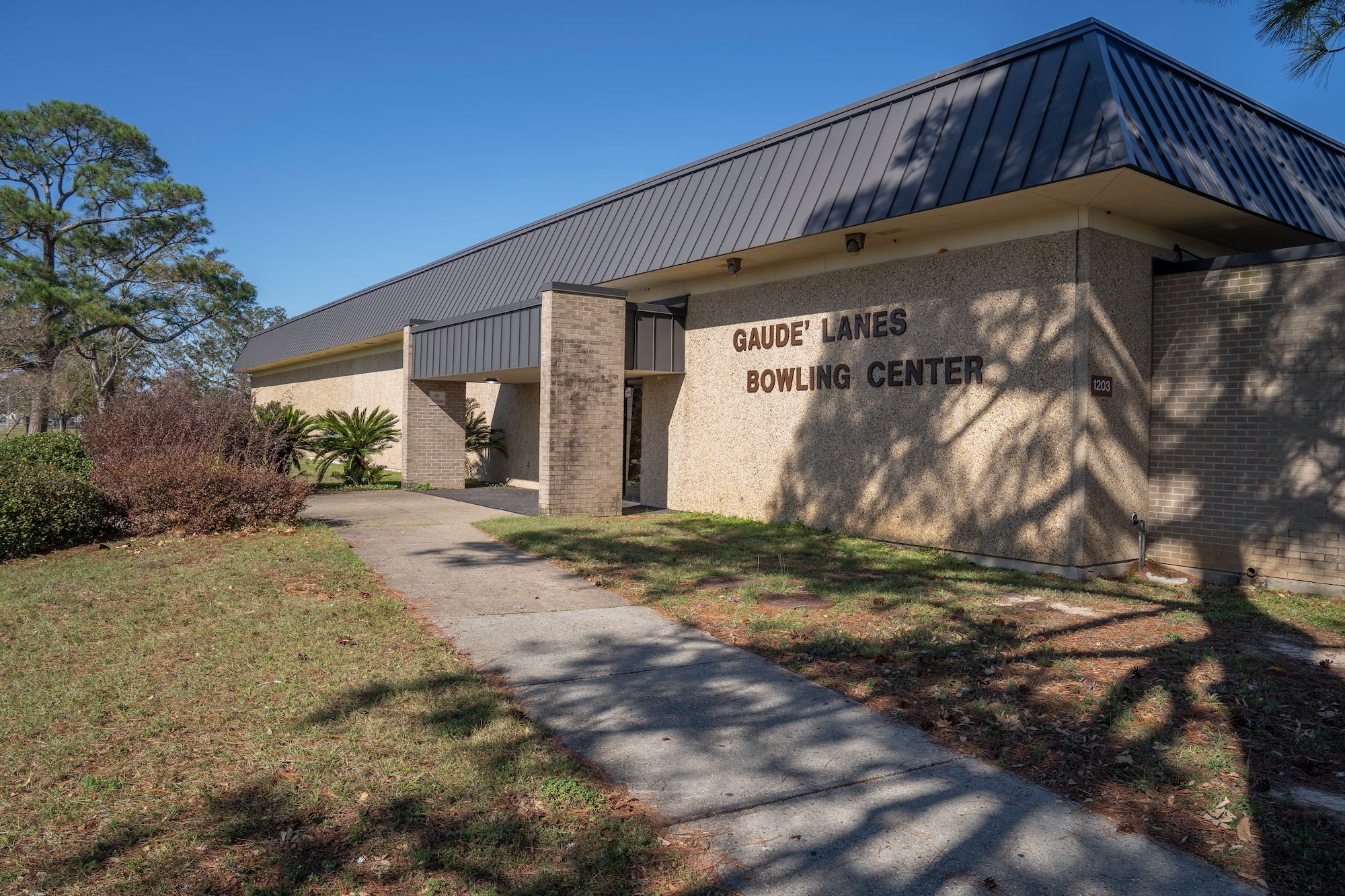 Gaudé Lanes Bowling Center is a 24-lane bowling center dedicated to 1st Lt. Robert P. Gaudé, Jr., 430th Fighter Bomber Squadron pilot, at Keesler Air Force Base, Mississippi, Nov. 13, 2020. The bowling center was dedicated to Gaudé, who was killed in action during the Korean War on July 10, 1953. (U.S. Air Force photo by Airman 1st Class Kimberly L. Mueller)