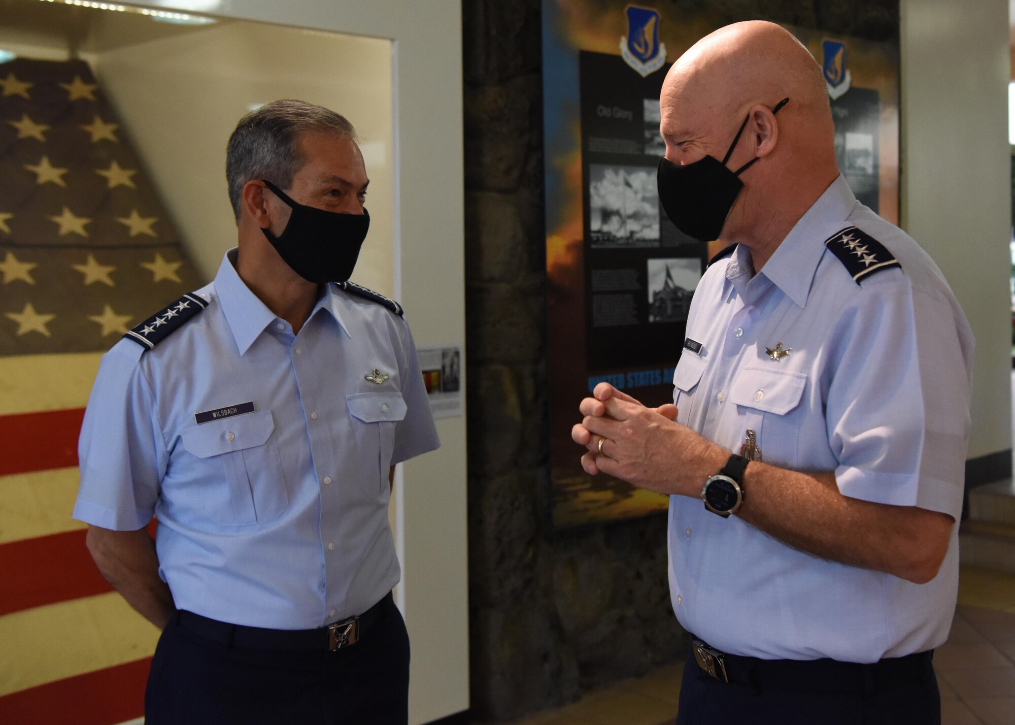 U.S. Space Force Gen. John W. “Jay” Raymond, right, Chief of Space Operations, speaks to U.S. Air Force Gen. Ken Wilsbach, Pacific Air Forces commander, during his first official visit to Pacific Air Forces Headquarters at Joint Base Pearl Harbor-Hickam, Hawaii, Nov. 19, 2020. The visit allowed Raymond to discuss the Space Force’s foundational direction and the importance of interoperability with allies and partners in the Indo-Pacific region. (U.S. Air Force photo by Tech. Sgt. Zach Vaughn)