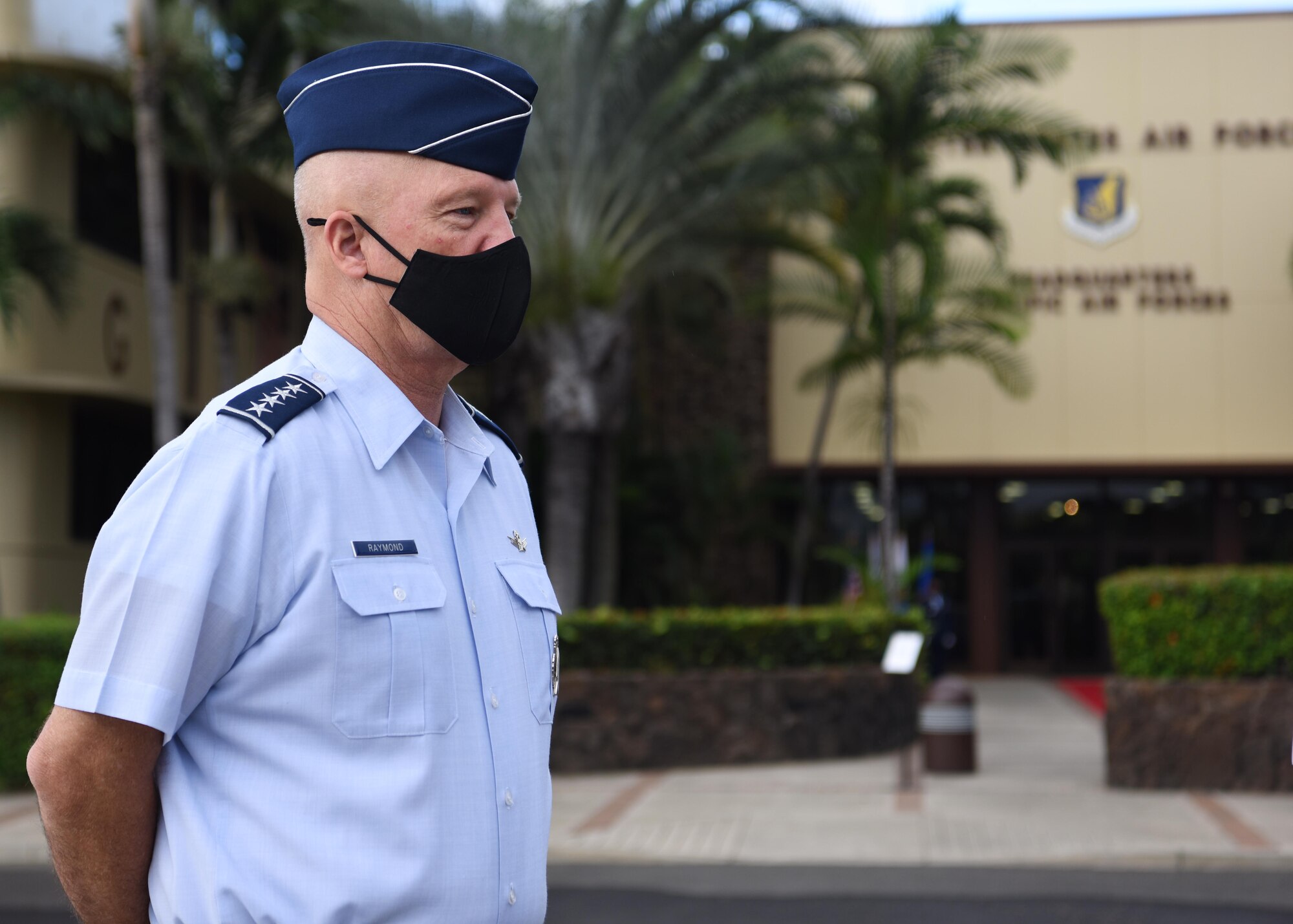 U.S. Space Force Gen. John W. “Jay” Raymond, Chief of Space Operations, prepares to greet senior leaders during his first official visit to Pacific Air Forces Headquarters at Joint Base Pearl Harbor-Hickam, Hawaii, Nov. 19, 2020. The visit allowed Raymond to discuss the Space Force’s foundational direction and the importance of interoperability with allies and partners in the Indo-Pacific region. (U.S. Air Force photo by Tech. Sgt. Zach Vaughn)