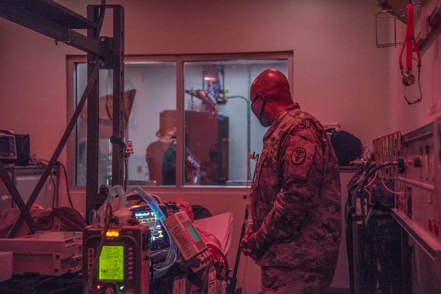 U.S. Army Brig. Gen. Shan K. Bagby, Brooke Army Medical Center commanding general, tours a Critical Care Air Transport simulation room, Nov. 23, 2020, in the 59th Medical Wing Medical Simulation Center, Wilford Hall Ambulatory Surgical Center, Joint Base San Antonio-Lackland, Texas.