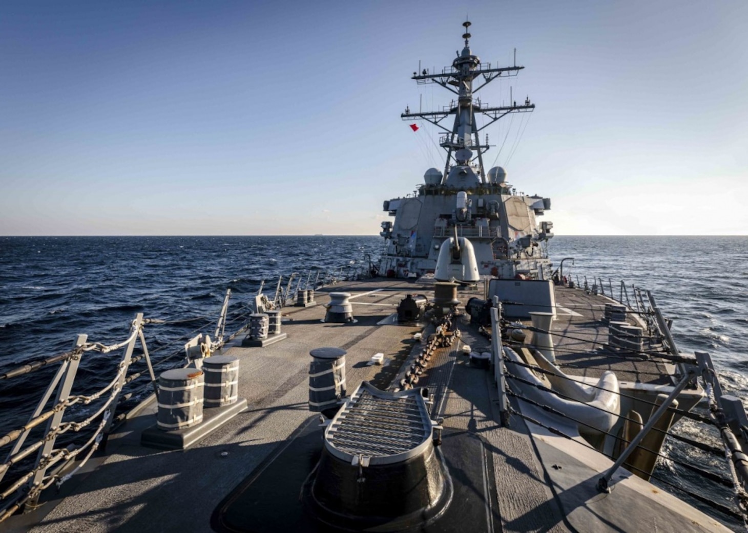 The Arleigh Burke-class guided-missile destroyer USS John S. McCain (DDG 56) transits through Peter the Great Bay while conducting routine underway operations. McCain is forward-deployed to the U.S. 7th Fleet area of operations in support of security and stability in the Indo-Pacific region.