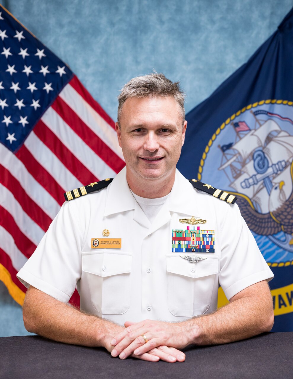 Studio portrait of Cmdr. Eric E. Meyers.