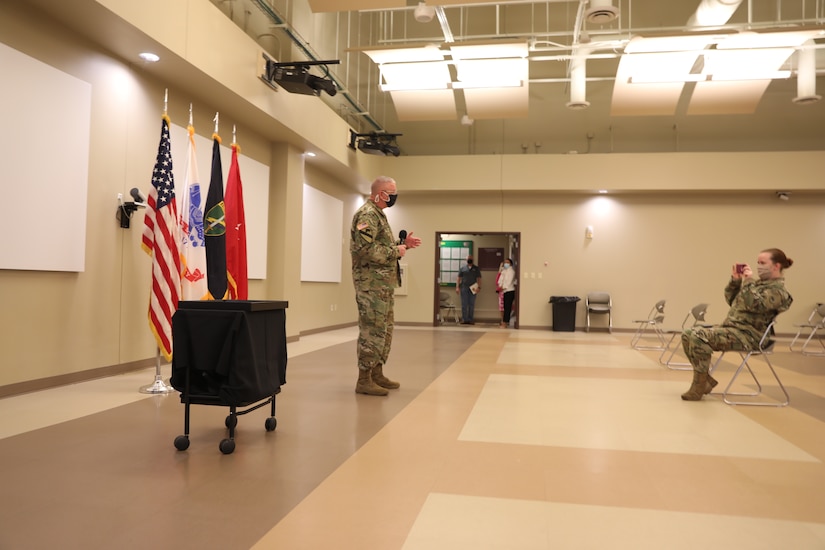 U.S. Army Civil Affairs and Psychological Operations Command (Airborne) Commanding General, Brig. Gen. Jeffrey C. Coggin speaks during the Soldier and Department of the Army Civilian recognition award ceremony at USACAPOC(A) Headquarters on Fort Bragg, N.C., Nov. 17, 2020. The recognition award ceremony was held to recognize 12 USACAPOC(A) Soldiers and DA civilians for Federal Length of Service Awards, Honorary Awards, Retirement recognition, and military awards.