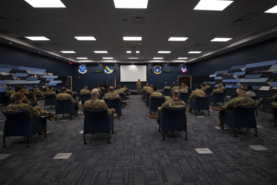 Chief Master Sgt. of the Air Force JoAnne Bass speaks to 316th Operations Group Airmen during an all call at Joint Base Andrews, Md., Nov. 23, 2020. Airmen were given the opportunity to ask the 19th CMSAF questions during the all call. (U.S. Air Force Photo by Senior Airman Kaylea Berry)