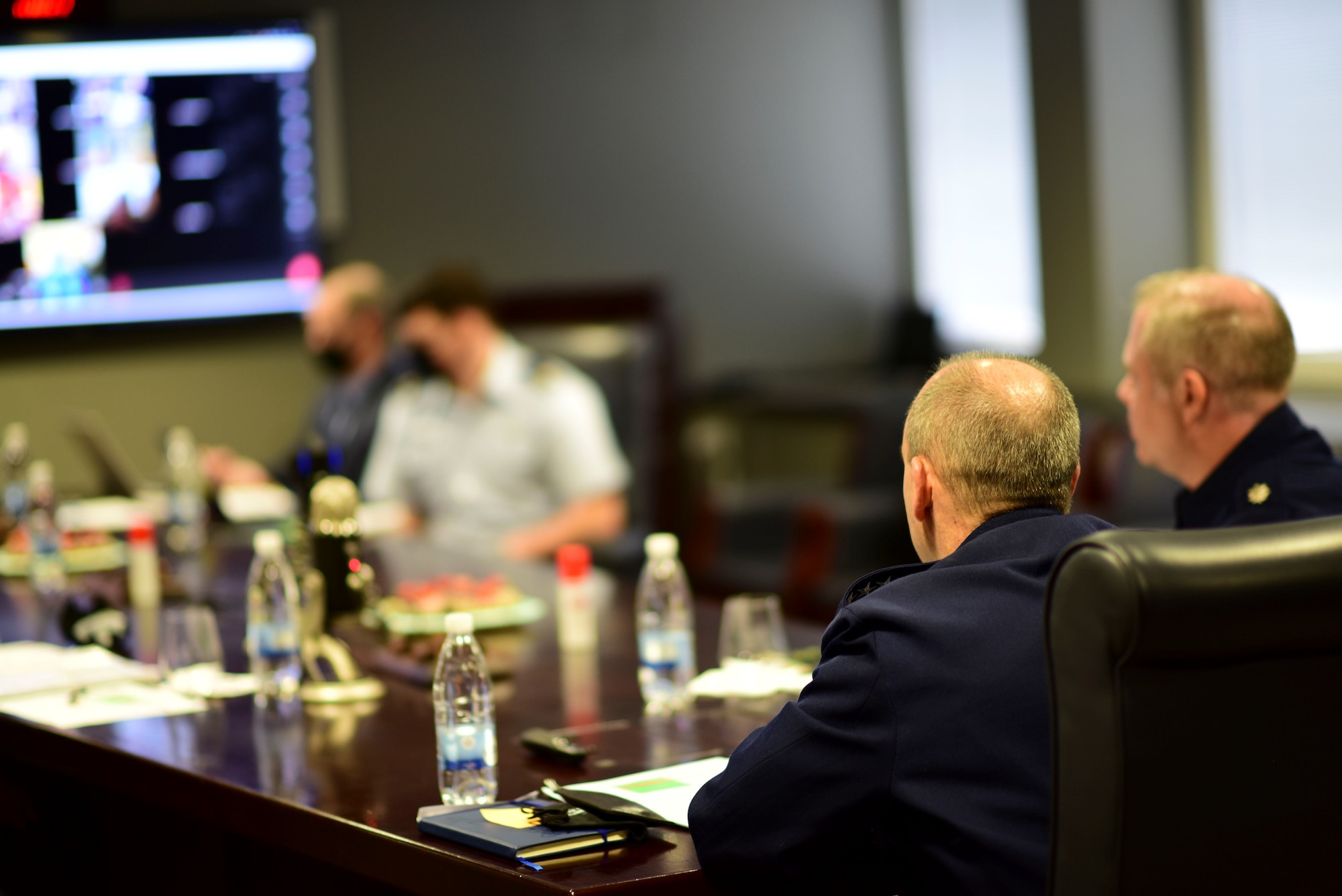 Gen. Jeff Harrigian, right, U.S. Air Forces in Europe and Air Forces Africa commander, addresses participants of the virtual Executive African Partnership Flight conference, Nov. 20, 2020, at Ramstein Air Base, Germany. EAPF included three main discussions, focusing on the current status of African air forces, upcoming multilateral engagements on the African continent, and the possibility of sharing future training events between African partners. (U.S. Air Force photo by Master Sgt. Darnell T. Cannady)