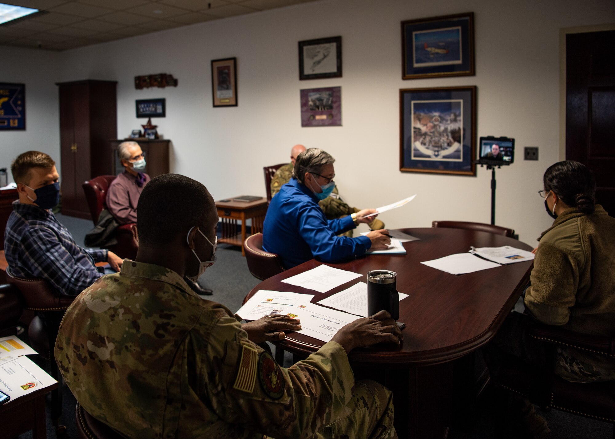 Col. Jamaal Mays, 366th Fighter Wing deputy command of support, and his housing team participate in the 2020 Virtual Mountain Home Housing Summit at Mountain Home Air Force Base, Idaho, Nov. 19, 2020. The event gave an opportunity for developers to learn about the new incentives in place to encourage new construction in Mountain Home to provide better housing options for Airmen. (U.S. Air Force photo by Senior Airman Andrew Kobialka)