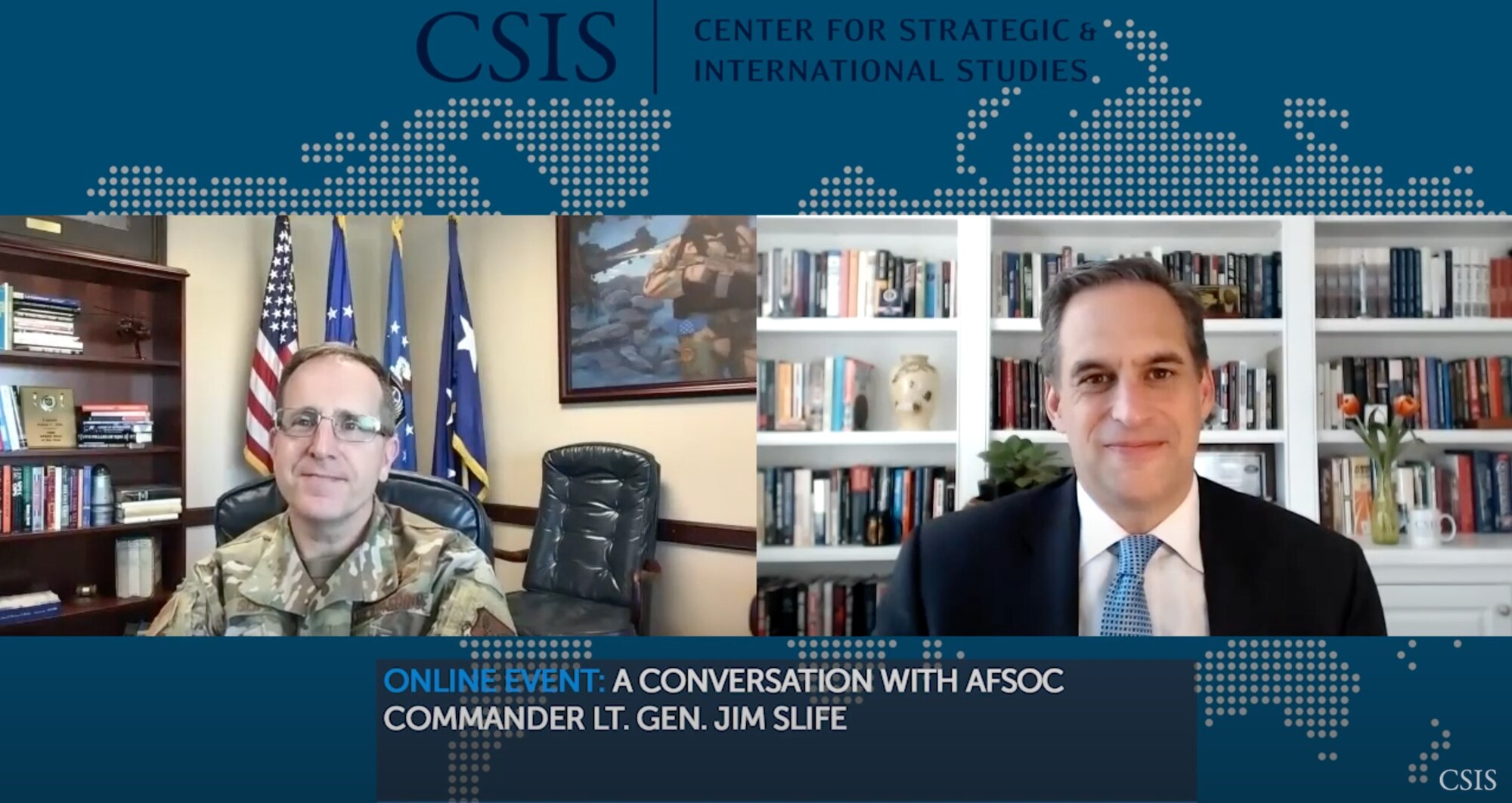 U.S. Air Force Lt. Gen. Jim Slife, left, commander of Air Force Special Operations Command, speaks with Seth Jones, Harold Brown Chair and Director of the Transnational Threats Project, the Center for Strategic and International Studies.