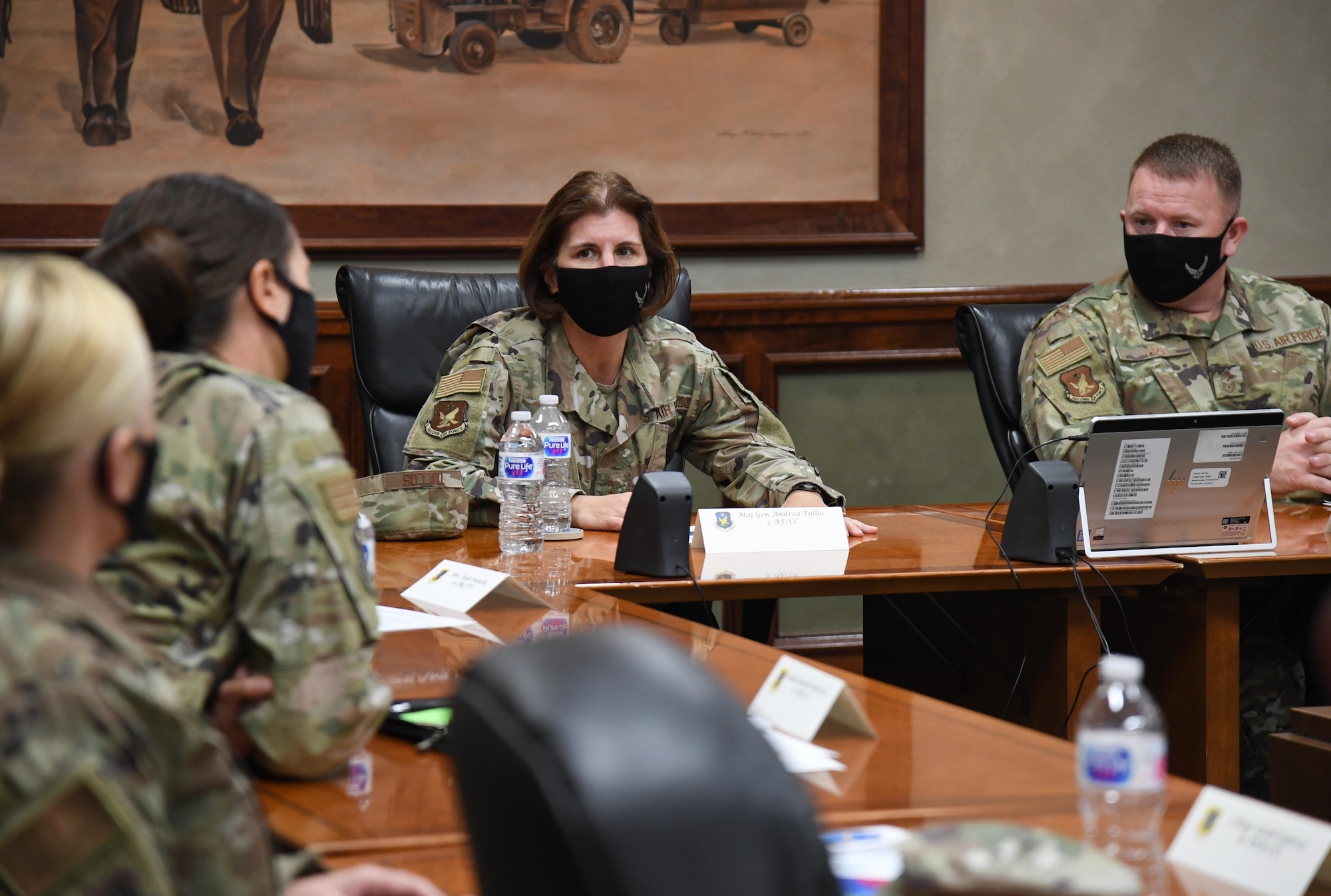 U.S. Air Force Maj. Gen. Andrea Tullos, Second Air Force commander, and Chief Master Sgt. Adam Vizi, Second Air Force command chief, attend a cyber center briefing during an immersion tour inside Stennis Hall at Keesler Air Force Base, Mississippi, Nov. 23, 2020. Tullos and Vizi also toured the 81st Mission Support Group and the 81st Medical Group. (U.S. Air Force photo by Kemberly Groue)