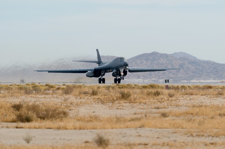 A B-1B Lancer with a Joint Air-to-Surface Standoff Missile (JASSM) takes off from Edwards Air Force Base, California, Nov. 20. The flight was a demonstration of the B-1B’s external weapons carriage capabilities. (Air Force photo by Richard Gonzales)