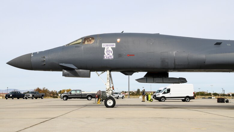 A B-1B Lancer taxis at Edwards Air Force Base, California, Nov. 20. The aircraft conducted a captive carry flight to demonstrate its external weapons capabilities with a Joint Air-to-Surface Standoff Missile (JASSM) in the skies over Edwards. (Air Force photo by 2nd Lt. Christine Saunders)