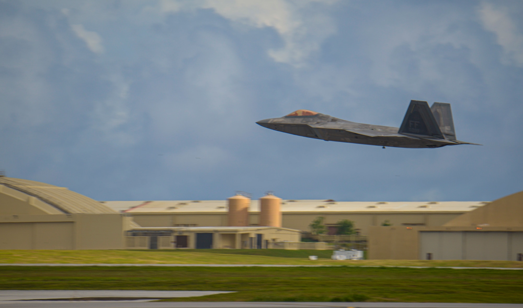 A U.S. F-22 Raptor assigned to the 94th Fighter Squadron departs Andersen Air Force Base, Guam, during a Dynamic Force Employment Nov. 22, 2020. DFE is an operational platform that allows our forces to be strategically predictable and operationally unpredictable. The United States security presence, along with our allies and partners, underpins the peace and stability that has enabled the Indo-Pacific region to develop and prosper for more than seven decades. (U.S. Air Force photo by Senior Airman Michael S. Murphy)
