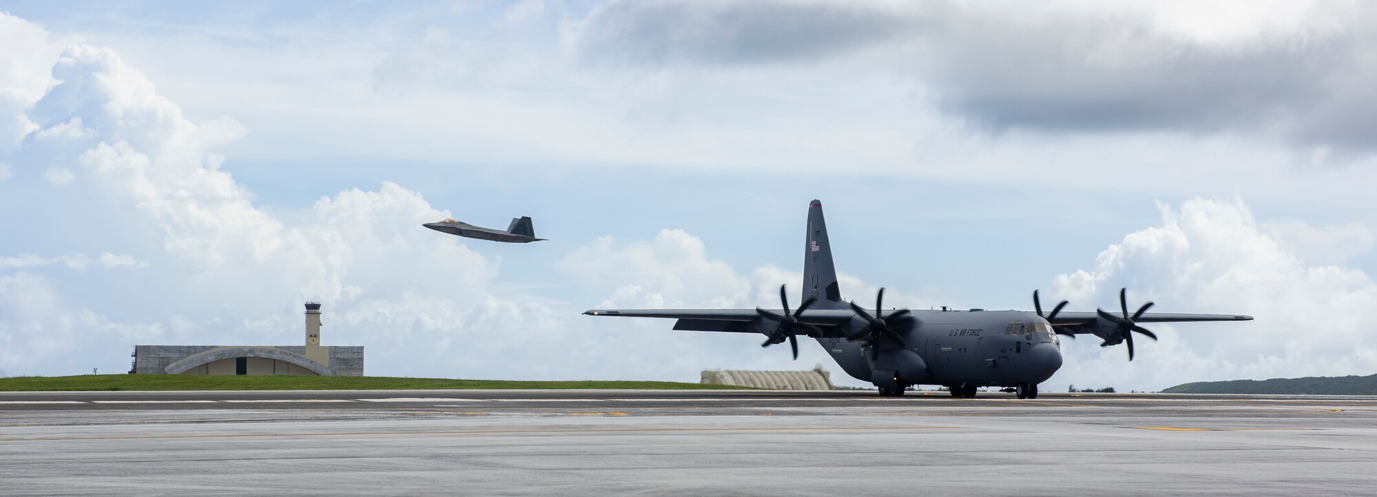 A U.S. F-22 Raptor assigned to the 94th Fighter Squadron departs Andersen Air Force Base, Guam, during a Dynamic Force Employment Nov. 22, 2020. DFE is an operational platform that allows our forces to be strategically predictable and operationally unpredictable. The United States security presence, along with our allies and partners, underpins the peace and stability that has enabled the Indo-Pacific region to develop and prosper for more than seven decades. (U.S. Air Force photo by Senior Airman Michael S. Murphy)