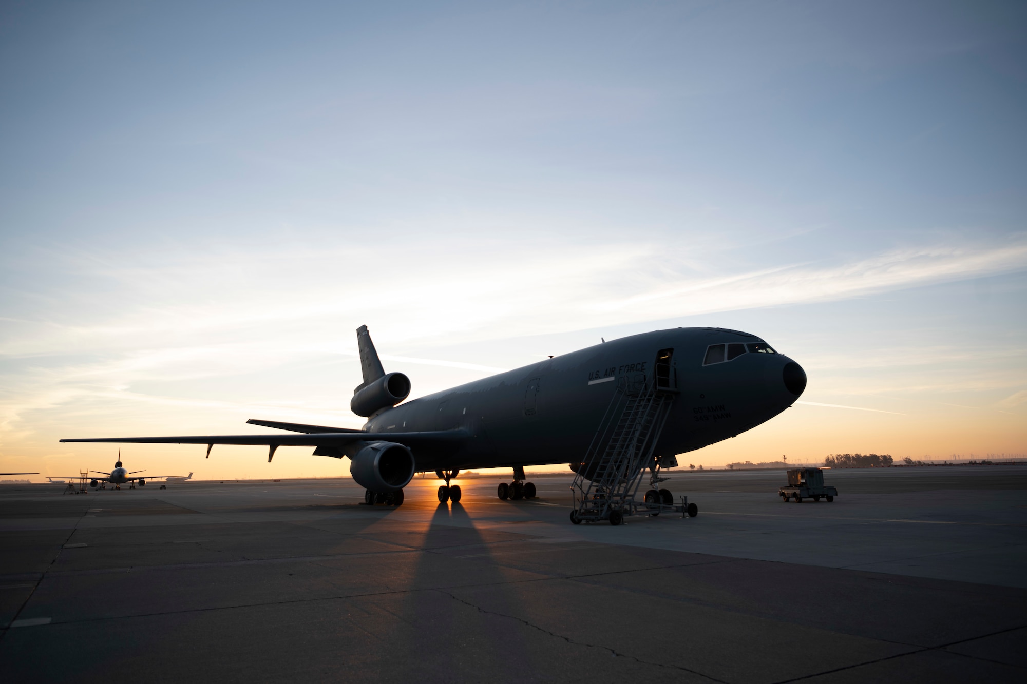 A KC-10 Extender is parked on the flight line Nov. 16, 2020, at Travis Air Force Base, California. Thirteen aircrew members from the 6th Air Refueling Squadron participated in a basewide exercise during their flight on the aircraft. (U.S. Air Force photo by Airman 1st Class Alexander Merchak)