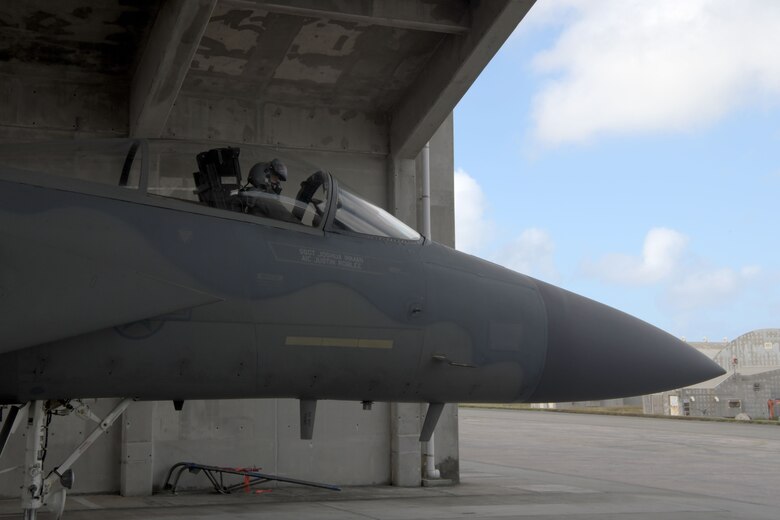 An F-15C Eagle sits on the flight line for maintenance during a “Super Surge,” Nov. 18, 2020, at Kadena Air Base, Japan. The 44th and 67th Fighter Squadrons set a new record for the most F-15C Eagles flown in a week at 437 sorties; the previous record was 245 sorties. (U.S. Air Force photo by Airman 1st Class Rebeckah Medeiros)