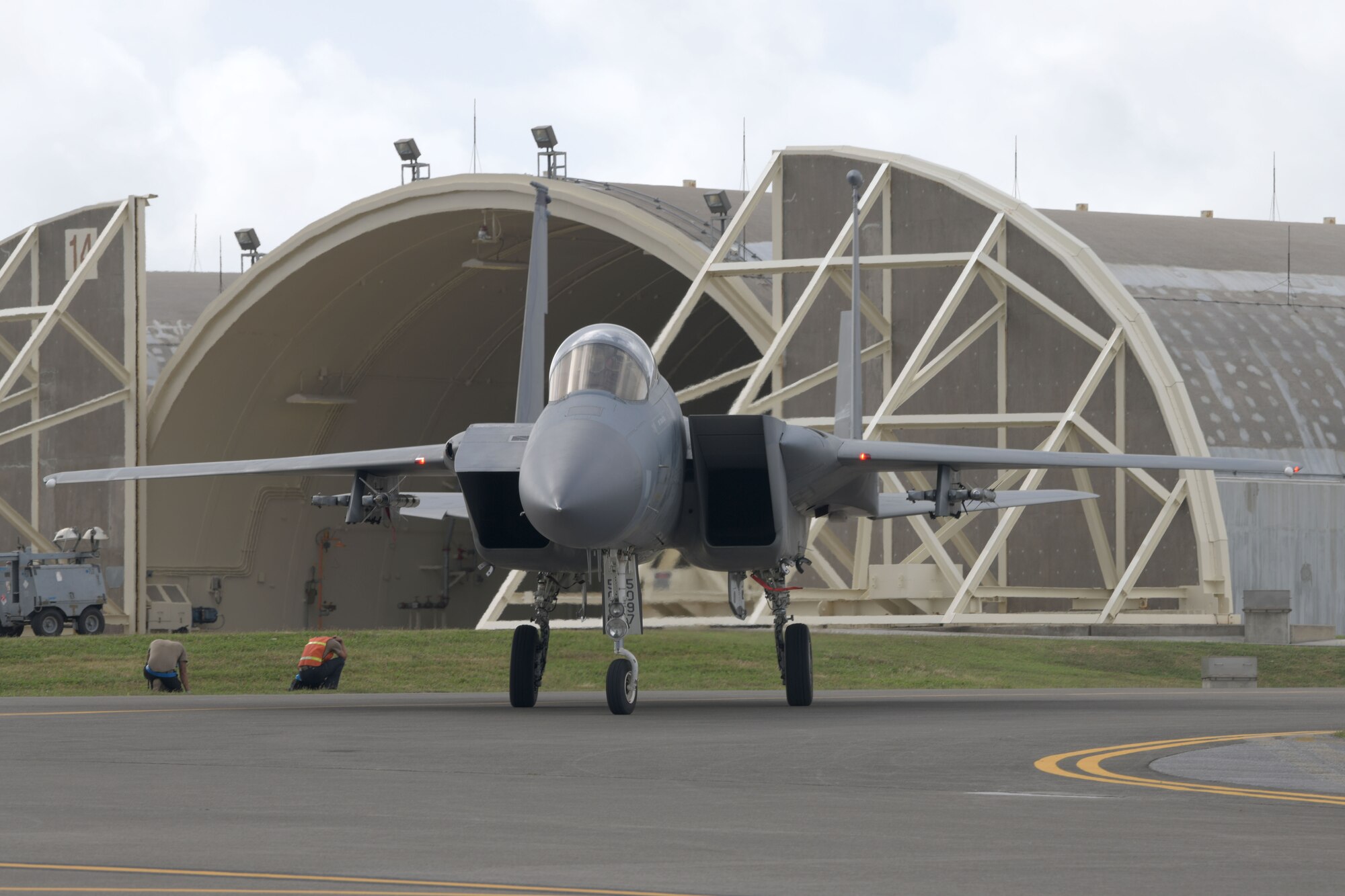 An F-15C Eagle taxis down the flight line of Kadena Air Base, Japan, during a “Super Surge,” Nov. 18, 2020. The 44th and 67th Fighter Squadrons set a new record for the most F-15C Eagles flown in a week at 437 sorties; the previous record was 245 sorties. (U.S. Air Force photo by Airman 1st Class Rebeckah Medeiros)