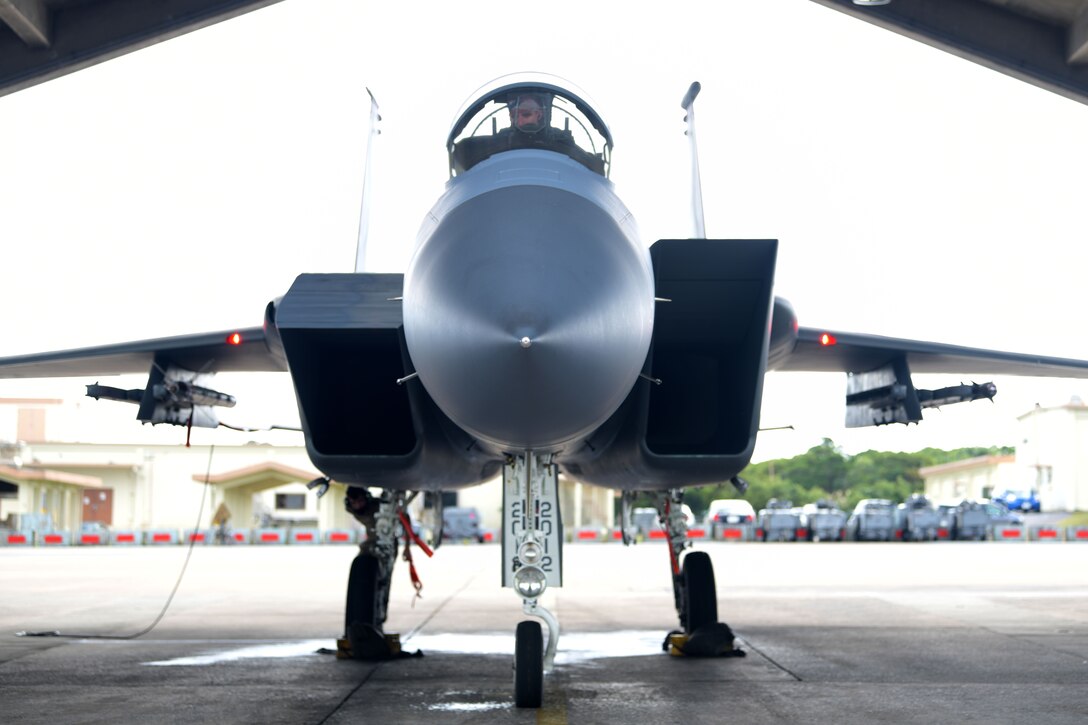 An F-15C Eagle sits on the flight line for maintenance during a “Super Surge,” Nov. 18, 2020, at Kadena Air Base, Japan. The 44th and 67th Fighter Squadrons set a new record for the most F-15C Eagles flown in a week at 437 sorties; the previous record was 245 sorties. (U.S. Air Force photo by Airman 1st Class Rebeckah Medeiros)