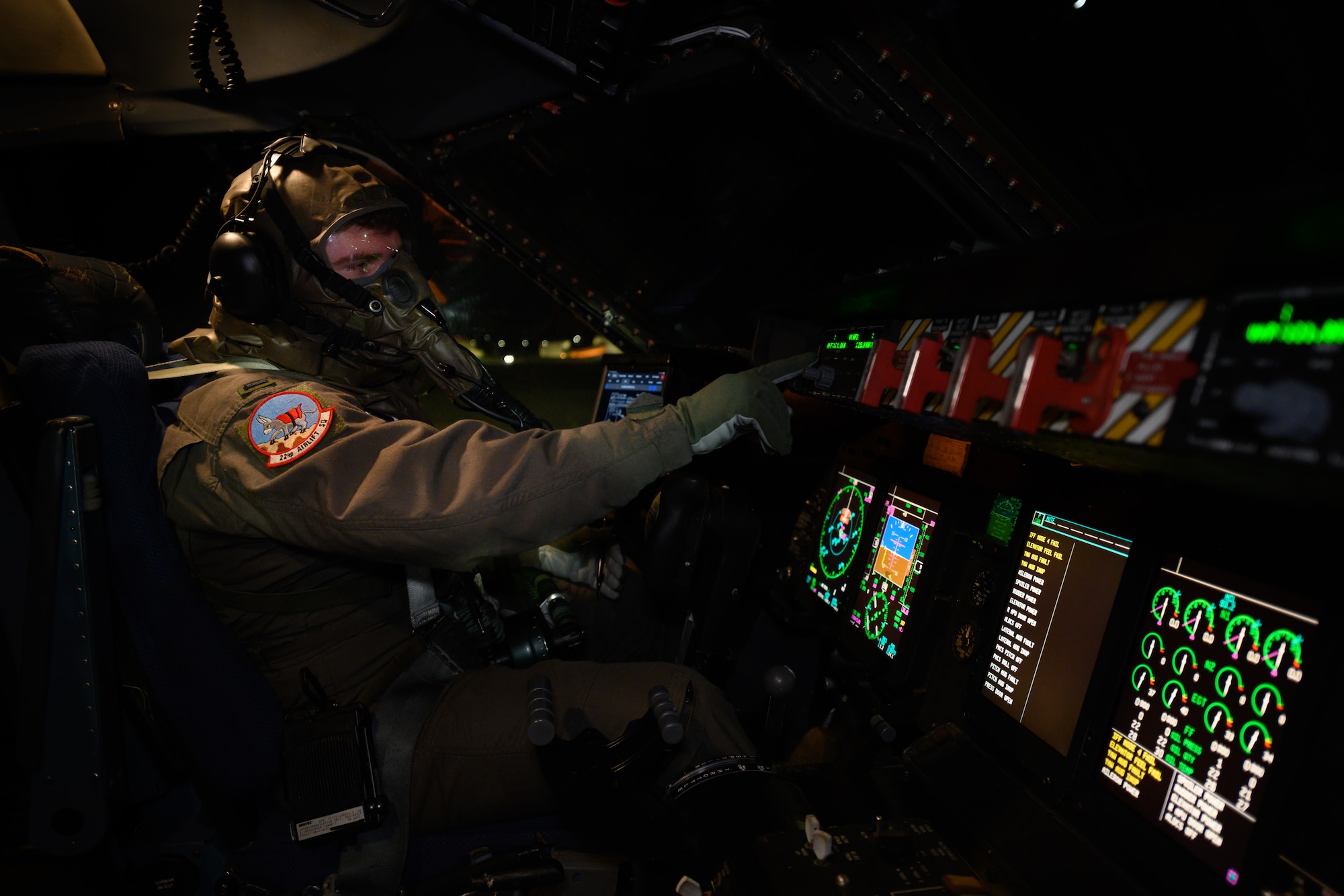 U.S. Air Force 1st Lt. Khaleb Kelsey, 22nd Airlift Squadron C-5M Super Galaxy pilot, prepares for takeoff during a base exercise Nov. 18, 2020, at Travis Air Force Base, California. Airmen at Travis AFB participate in readiness exercises to ensure they can operate in contested environments. (U.S. Air Force photo by Chustine Minoda)