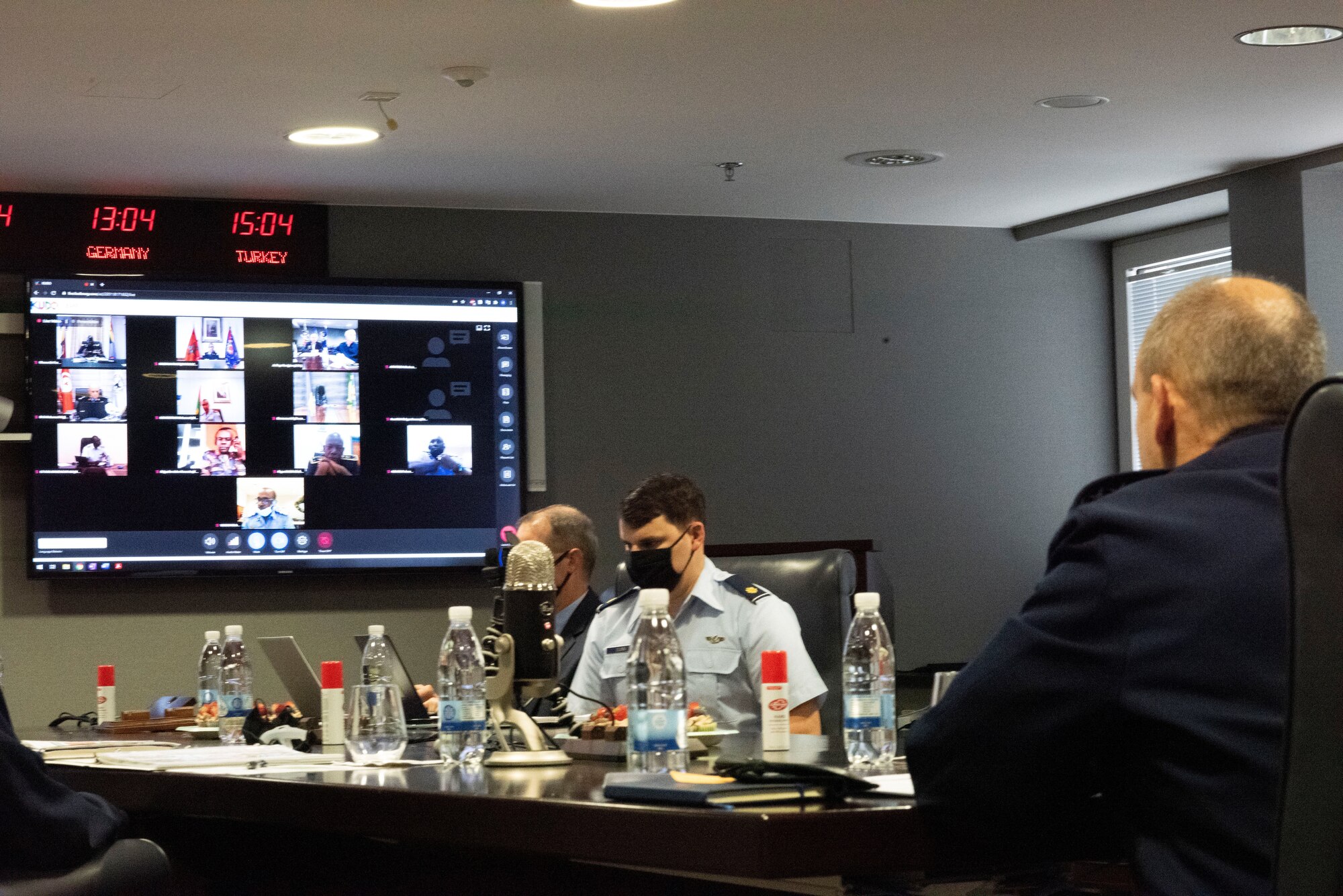 Gen. Jeff Harrigian, right, U.S. Air Forces in Europe and Air Forces Africa commander, speaks during a virtual Executive African Partnership Flight conference, Nov. 20, 2020, at Ramstein Air Base, Germany. The African Partnership Flight is AFAFRICA’s premier security cooperation program with African partner nations. It is intended to strengthen U.S. strategic partnerships with African countries, share ideas on aviation-related topics, improve professional military aviation knowledge and skills, and enhance regional cooperation and interoperability. (U.S. Air Force photo by Master Sgt. Darnell T. Cannady)