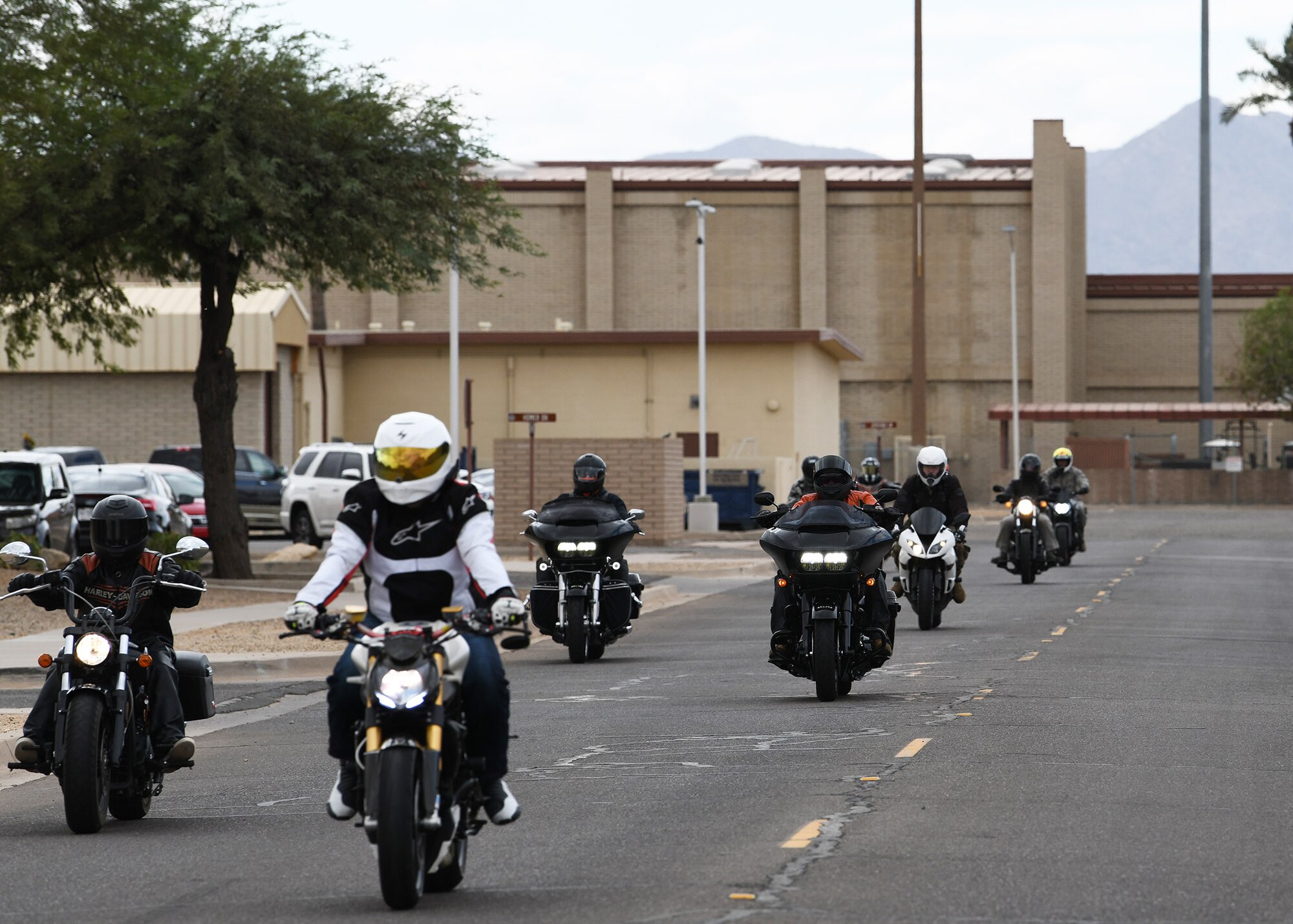 Members of the 944th Fighter Wing depart on a motorcycle safety program mentorship ride Nov. 8 at Luke Air Force Base, Ariz. The program provides members with their required motorcycle safety training certification.