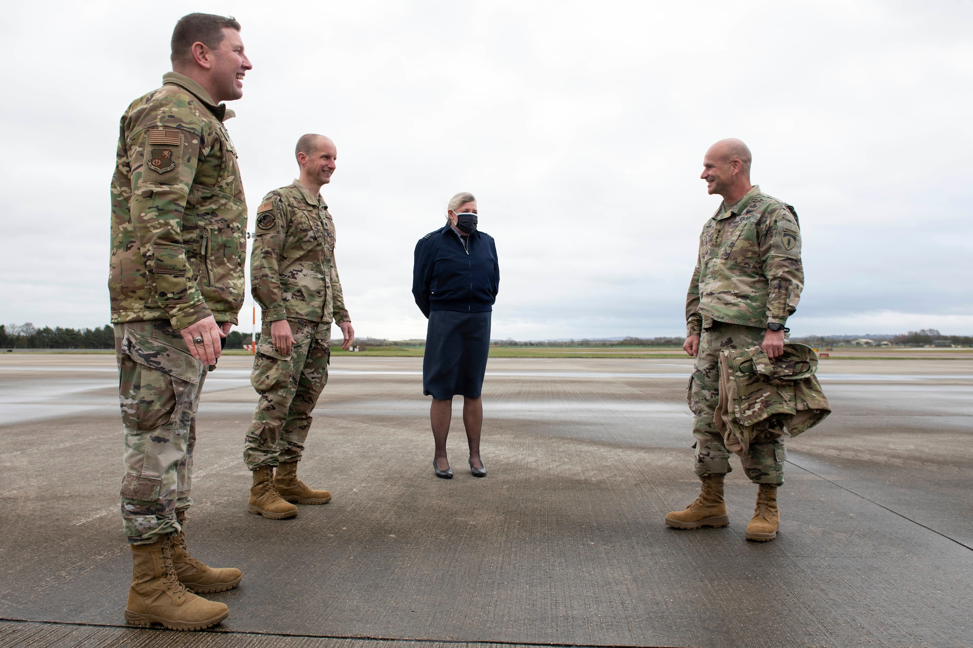 U.S. Army Gen. Christopher Cavoli, right, U.S. Army Europe and Africa Commanding General, arrives at Royal Air Force Fairford, England, Nov. 17, 2020, in support of NATO Exercise Loyal Leda 2020 (LOLE20). Allied Land Command (LANDCOM) conducted a combat readiness evaluation on the NATO Headquarters Allied Rapid Reaction Corp (ARRC) during LOLE20, which took place at RAF Fairford and South Cerney, England, Nov. 9-19, 2020. This was a complex multi-domain exercise designed to test the war-fighting capabilities of the ARRC in a COVID-19 environment including combat operations. LOLE20 was a key NATO exercise to validate and certify the Gloucester-based ARRC as a NATO war-fighting corps at full operational readiness, capable of commanding up to 120,000 multinational troops across a full spectrum of military operations. (U.S. Air Force photo by Senior Airman Jennifer Zima)