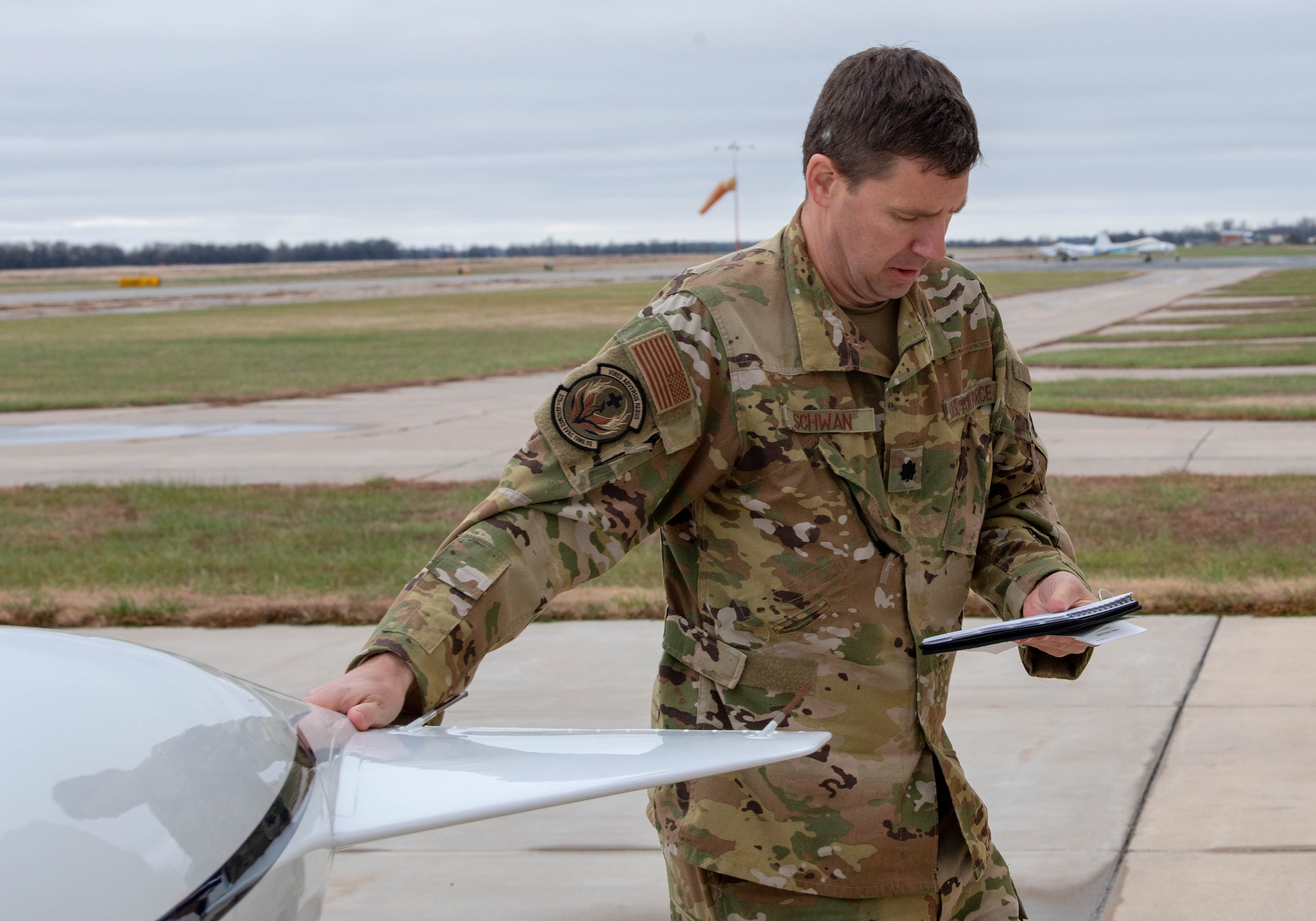 Lt. Col Michael Schwan, performs a pre-flight inspection Nov. 10, 2020, at Newton City Airport, Newton, Kansas. Inspections are performed on all aircraft before each flight to ensure the safety and correct operation of the aircraft. (U.S. Air Force photo by Airman 1st Class Zachary Willis)
