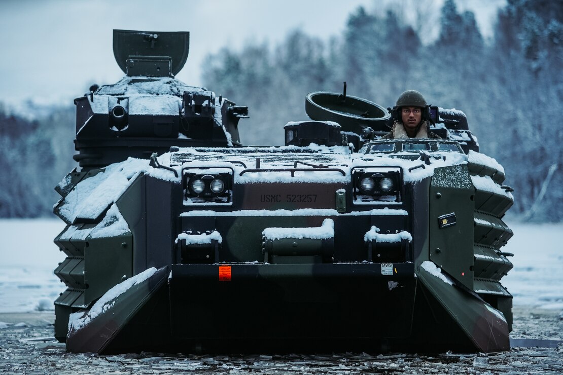 U.S. Marines conduct a safety of use memorandum on an assault amphibious vehicle in Setermoen, Norway, Nov. 19.