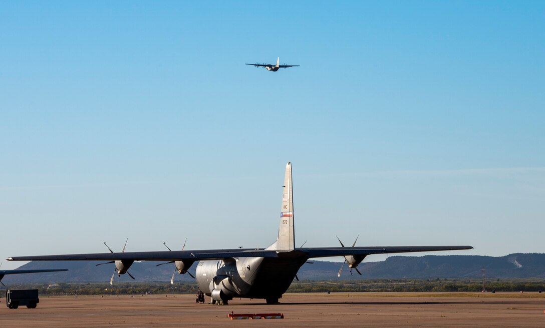 A C-130J Super Hercules takes off from the flightline during Exercise Chemical Fury at Dyess Air Force Base, Texas, Nov. 17, 2020.