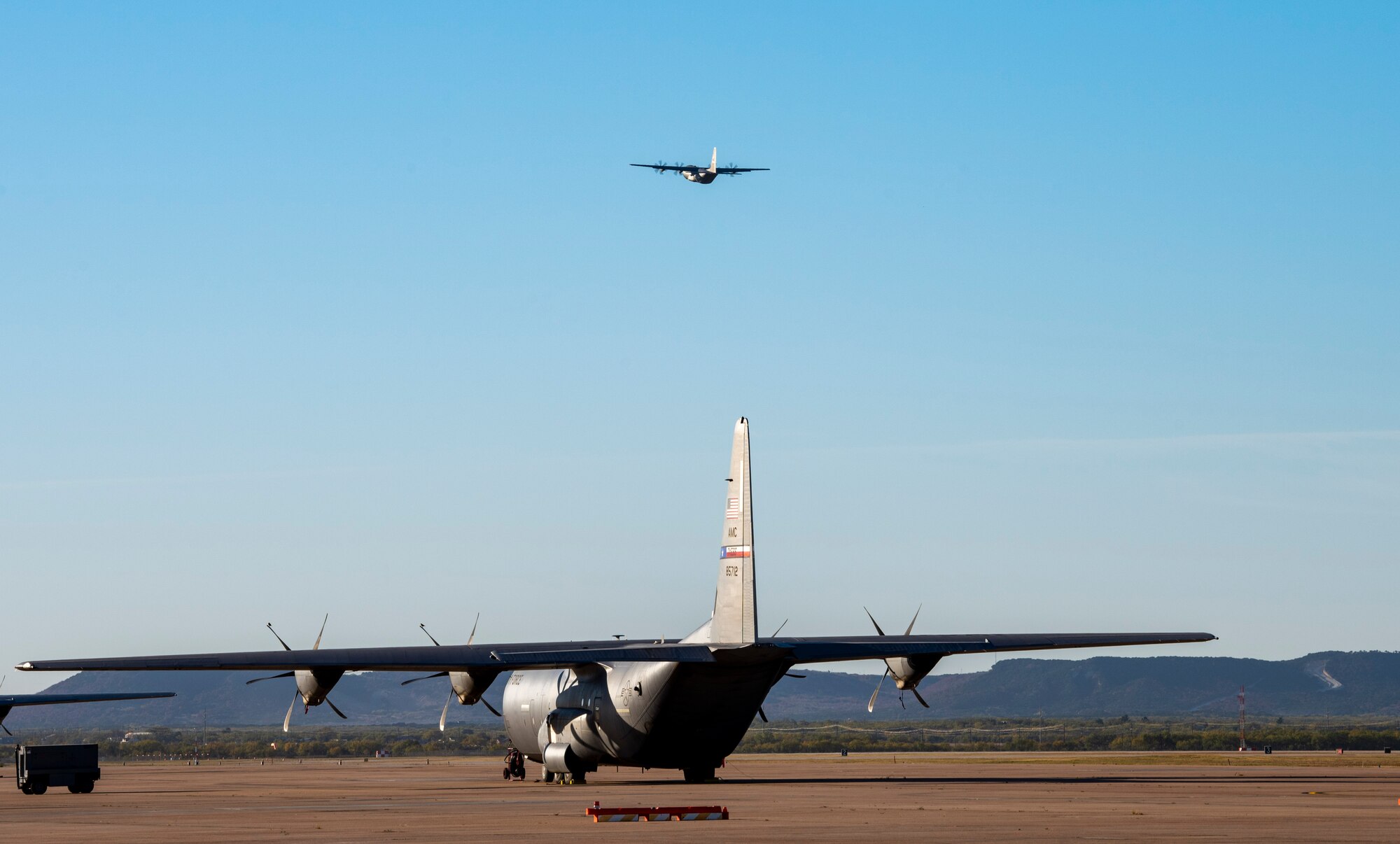 A C-130J Super Hercules takes off from the flightline during Exercise Chemical Fury at Dyess Air Force Base, Texas, Nov. 17, 2020.