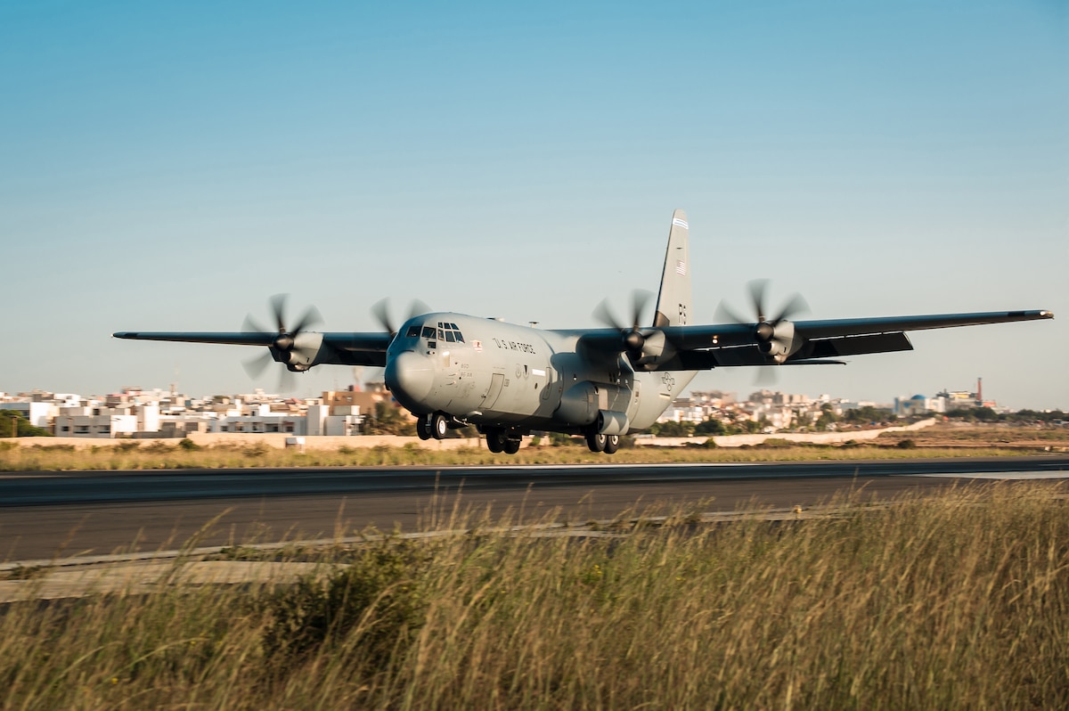A U.S. Air Force C-130J Hercules aircraft from Ramstein Air Base, Germany, arrives at Léopold Sédar Senghor International Airport in Dakar, Senegal, Oct. 28, 2014, to deliver relief supplies during the Ebola crisis. The Kentucky Air National Guard has been selected to receive eight J-model aircraft to replace its aging fleet of C-130H aircraft, which have been in service since 1992. (U.S. Air National Guard photo by Dale Greer)
