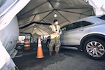 A New York Army National Guard Soldier guides a resident through a drive-through COVID-19 testing site in New Rochelle, N.Y., on Nov. 23, 2020. Across the state Guard Soldiers and Airmen have assisted in testing more than 832,000 people.