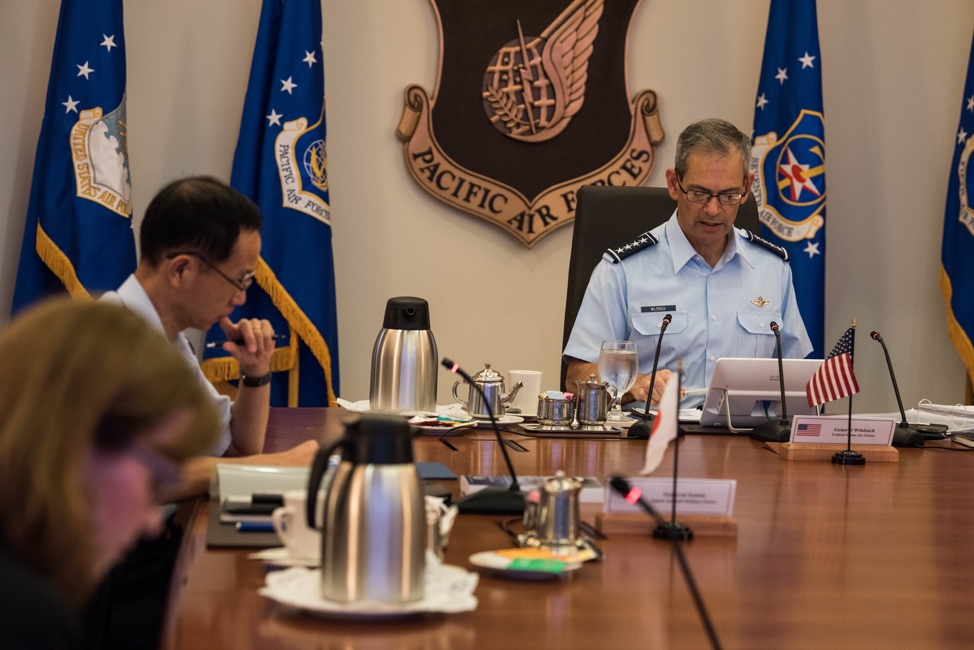 U.S. Air Force Gen. Ken Wilsbach, Pacific Air Forces (PACAF) commander, begins a round table discussion during an engagement at PACAF Headquarters on Joint Base Pearl Harbor-Hickam, Hawaii, Nov. 20, 2020. During the engagement, Air Chiefs from the Japan Air Self-Defense Force, Republic of Korea Air Force and Royal Australian Air Force were present to discuss operational priorities and common security interests between the countries. (U.S. Air Force photo by Staff Sgt. Hailey Haux)