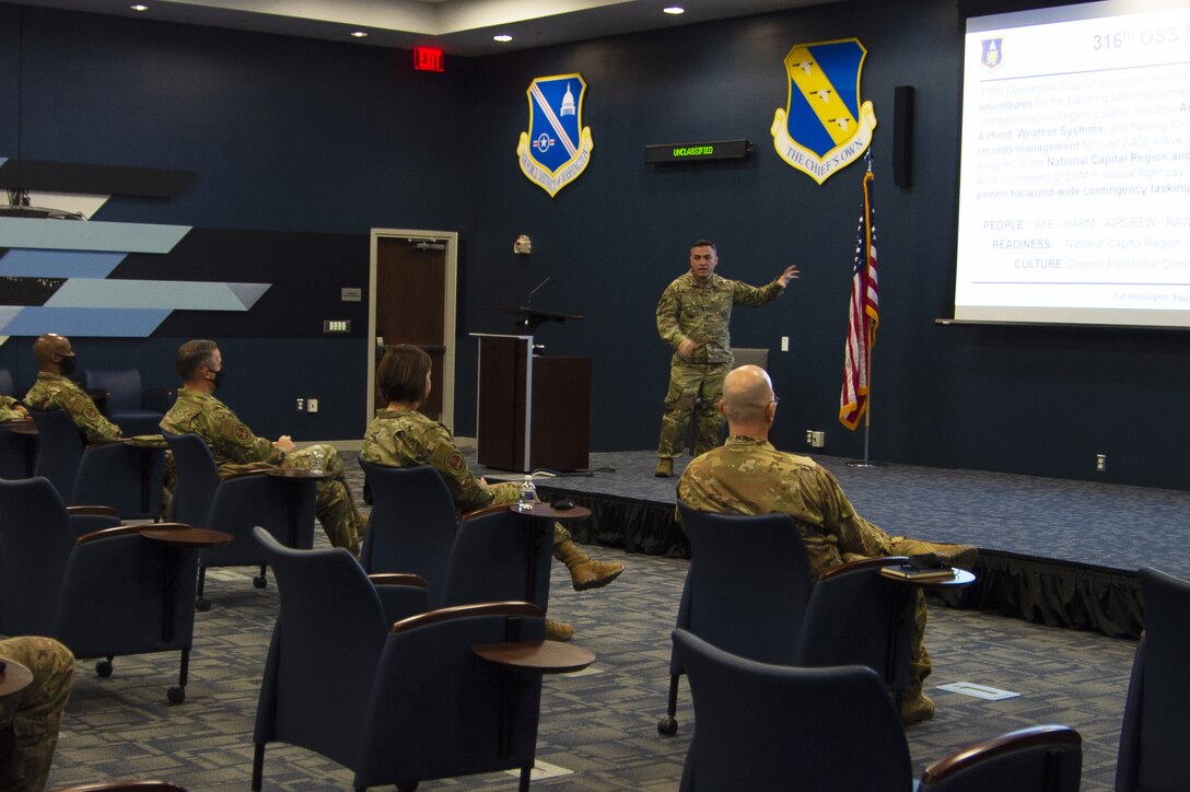 Master Sgt. Jorge Anchundia, 316th Operations Support Squadron superintendent, describes the organization, mission and responsibilities of the 316th OSS at Joint Base Andrews, Md., Nov. 23, 2020. The 316th OSS develops tactics, techniques, and procedures for the planning and employment of rotary-wing assets in support of strategic-level contingency plans. (U.S. Air Force Photo by Senior Airman Kaylea Berry)