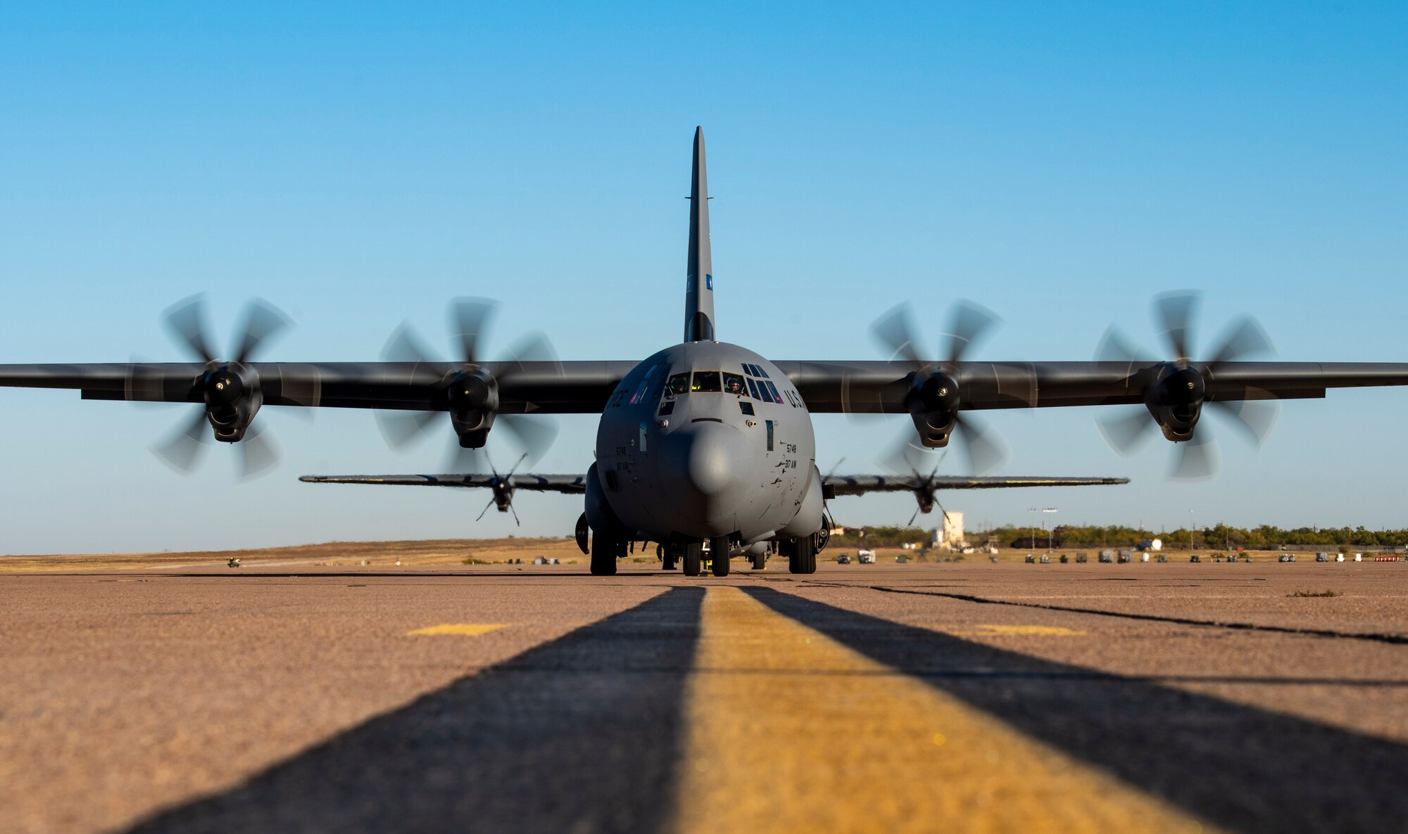 A C-130J Super Hercules starts its engines on the flightline at Dyess Air Force Base, Texas, Nov. 17, 2020.