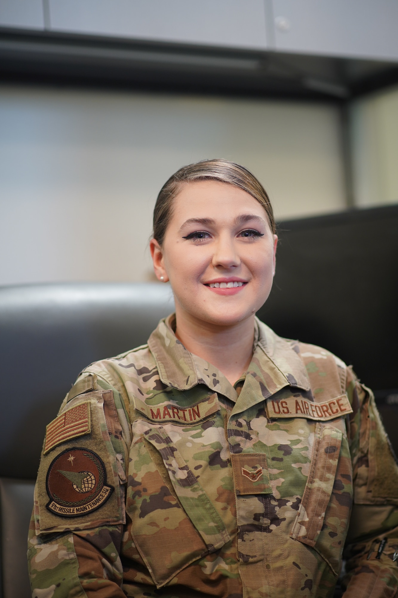 A1C Juliana Martin is an Administrative Technician for the 91st Missile Maintenance Squadron Command Support Staff. Martin’s responsibilities include in-processing and out-processing Airmen arriving and leaving Minot, as well as organizing re-enlistments and extension and separation paperwork. Additionally, she assists Airmen with special duty pay, handles leave requests and is involved in the process of awards and decorations for the 791st Maintenance Squadron and the 91st Maintenance Group.