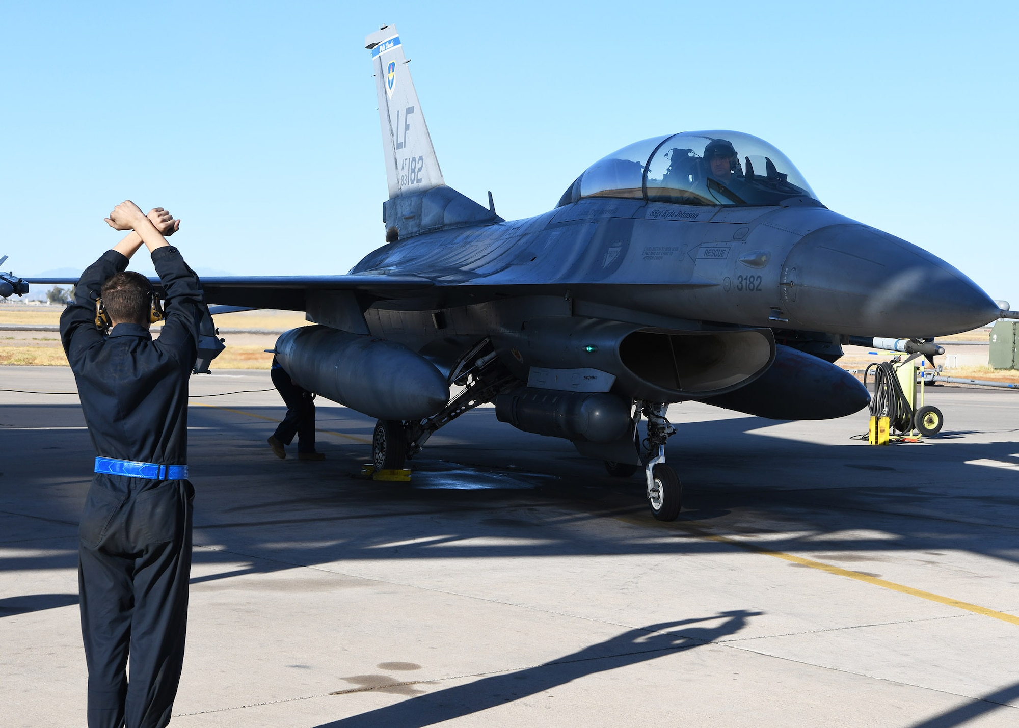 Col. Sean Rassas, 944th Fighter Wing vice commander, comes to a stop following a momentous sortie Nov. 24, 2020, at Luke Air Force Base, Ariz. During the flight, Rassas surpassed three thousand flying hours in the F-16 Fighting Falcon, becoming one of only 296 U.S. Air Force pilots to reach that milestone.