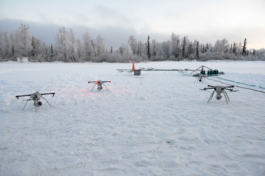 U.S. Air Force civil engineers fly a Small Unmanned Aircraft System during a newly adopted Rapid Airfield Damage Assessment System training course at Joint Base Elmendorf-Richardson, Alaska, Nov. 17, 2020. Throughout the first week of training, Airmen focused on learning to fly the SUAS. During the second week they learned to fly the RADAS mission while using the SUAS systems. (U.S. Air Force photo by Airman 1st Class Jordan Smith)