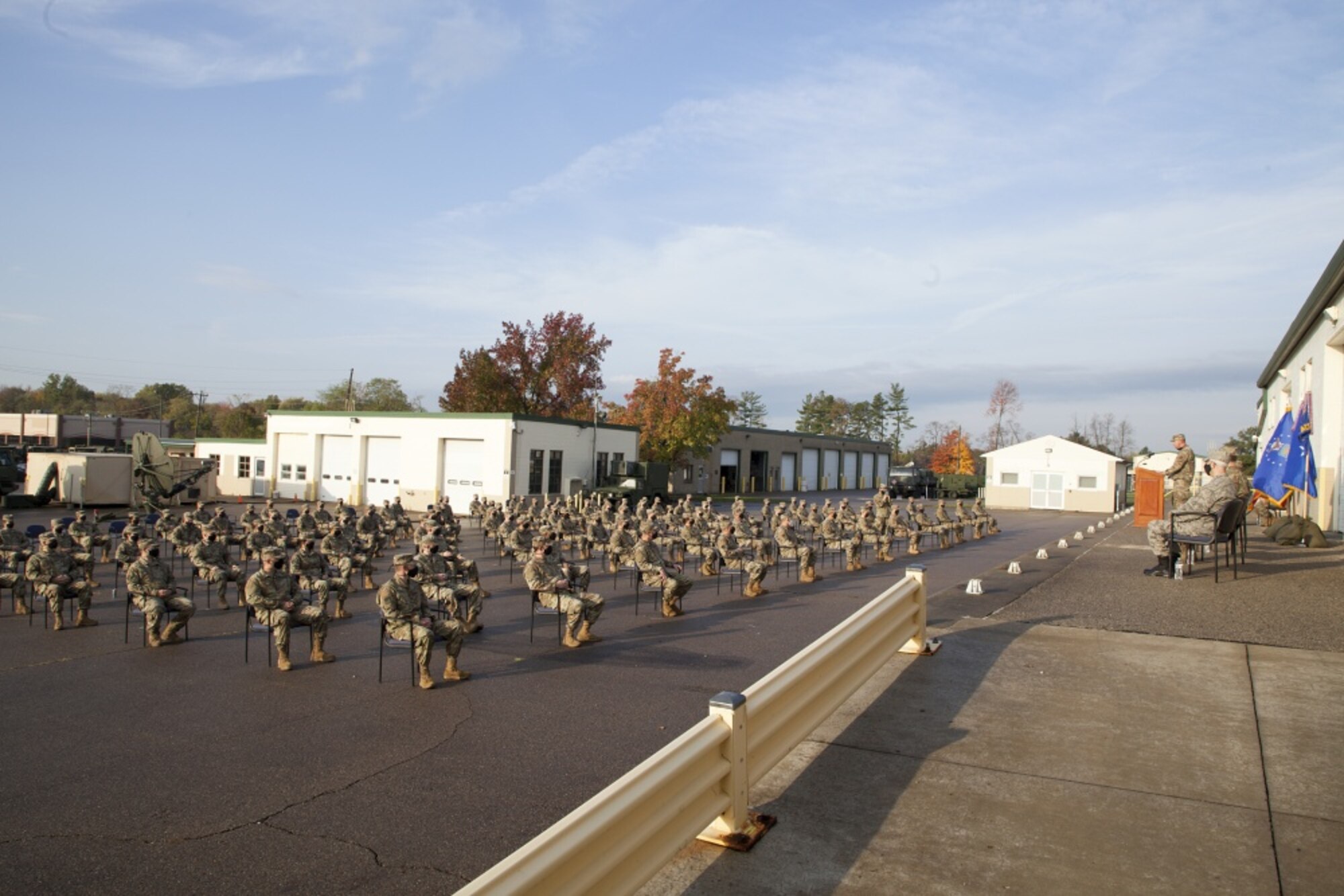 Lt. Col. Bryan Moore, the commander of the 123rd Air Control Squadron, addresses members of the 123rd ACS Oct. 21, 2020 during a call to duty ceremony at Blue Ash Air National Guard Station in Blue Ash, Ohio. The Airmen at the 123rd ACS are deploying in support of the Air Force Central Command to provide tactical command and control capabilities to the area of responsibility. (Air National Guard photo by Master Sgt. Larry Williams)