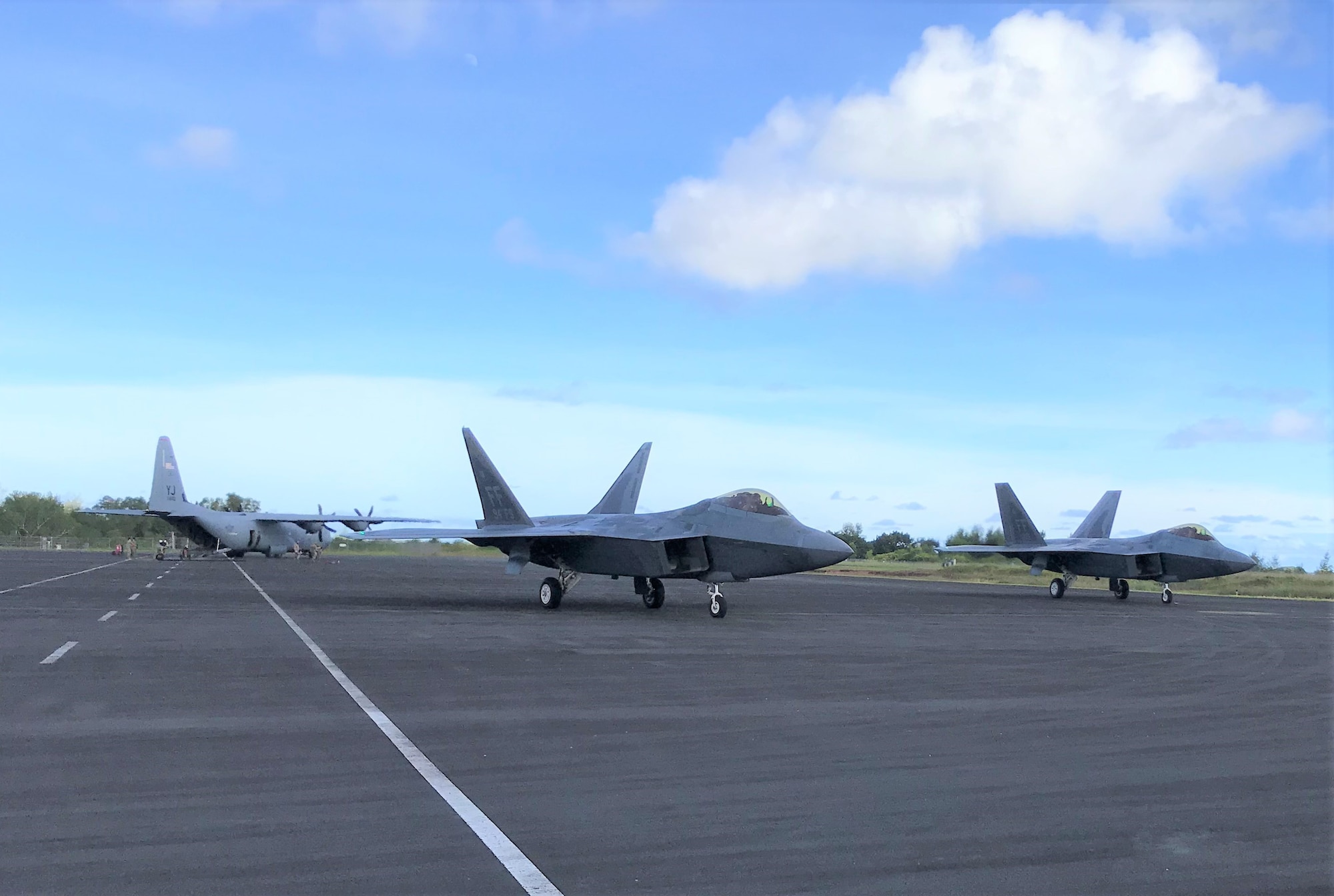 An F-22 assigned to the 94th Fighter Squadron taxies during a hot refuel during a Dynamic Force Employment at Andersen Air Force Base, Guam, Nov. 24, 2020. DFE is an operational platform that allows our forces to be strategically predictable and operationally unpredictable. The United States security presence, along with our allies and partners, underpins the peace and stability that has enabled the Indo-Pacific region to develop and prosper for more than seven decades. (Curtsey photo)
