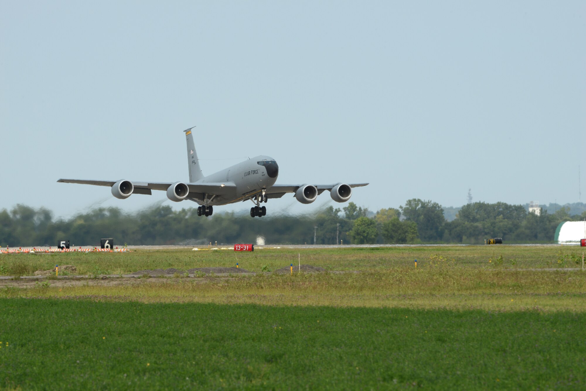 A U.S. Air Force KC-135 Stratotanker assigned to the Iowa Air National Guard’s 185th Air Refueling Wing leaves a trail of jet wash as it takes off from the Sioux City, Iowa, based Air Guard unit on Sept. 17, 2020.