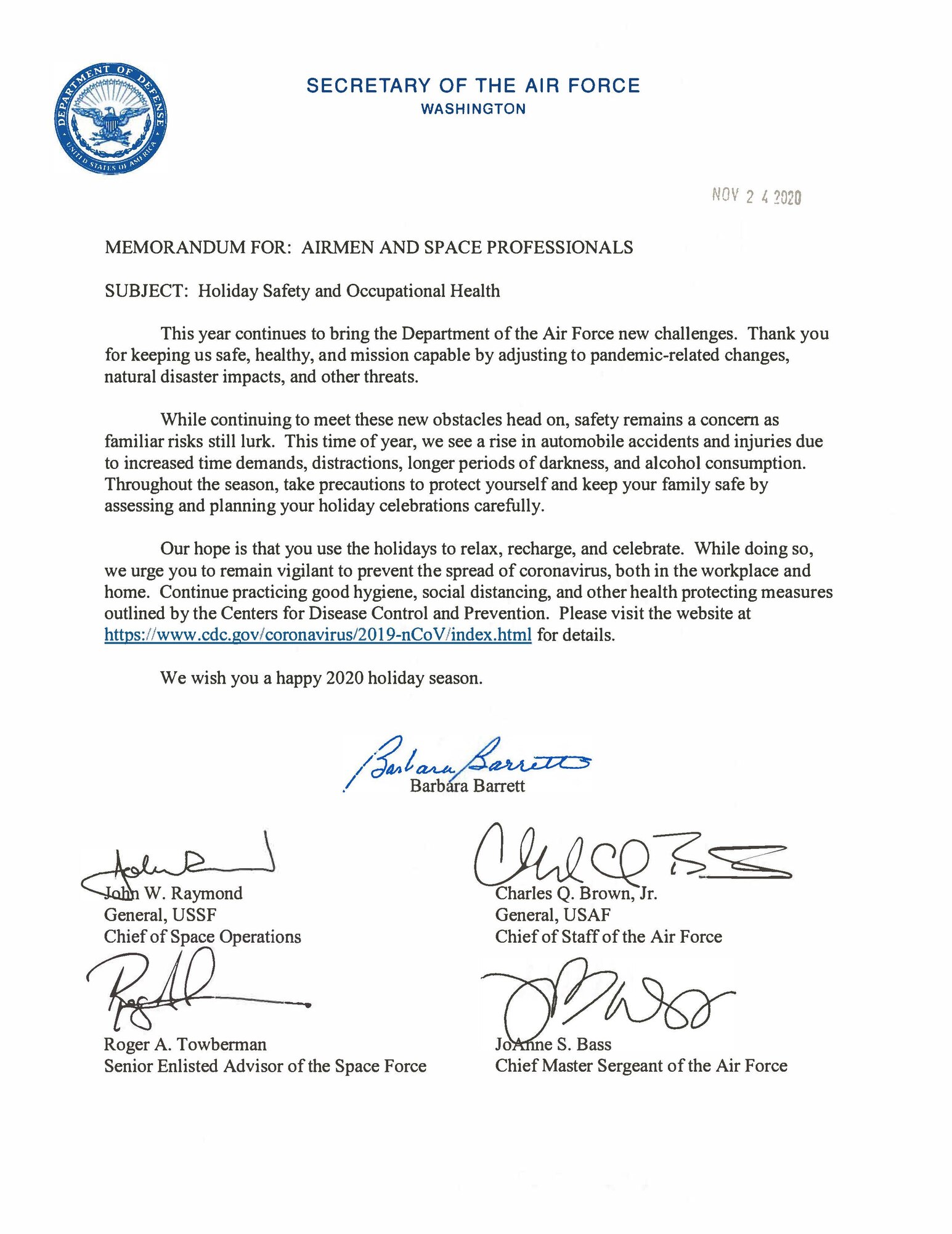 Memorandum for holiday safety from SECAF