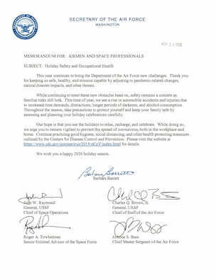 Memorandum for holiday safety from SECAF